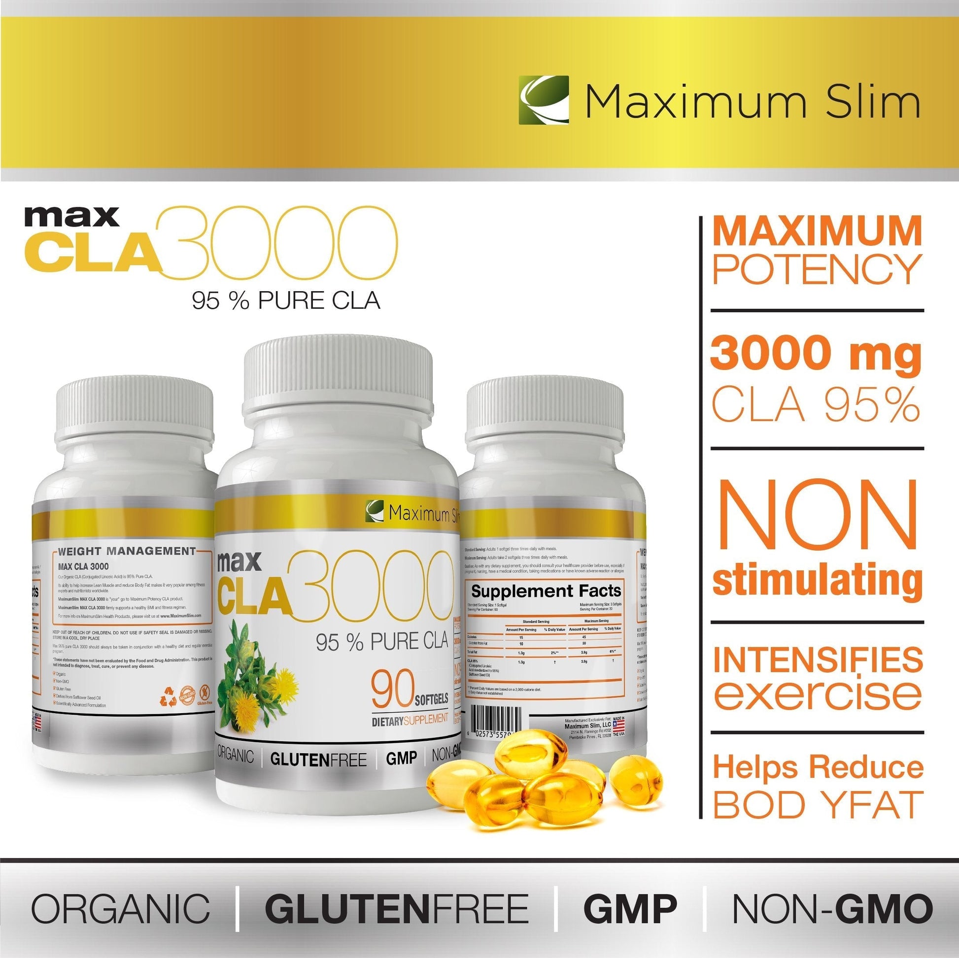 MAX CLA 3000, High Potency, Natural Weight Loss Exercise Enhancement, Increase Lean Maximum Slim