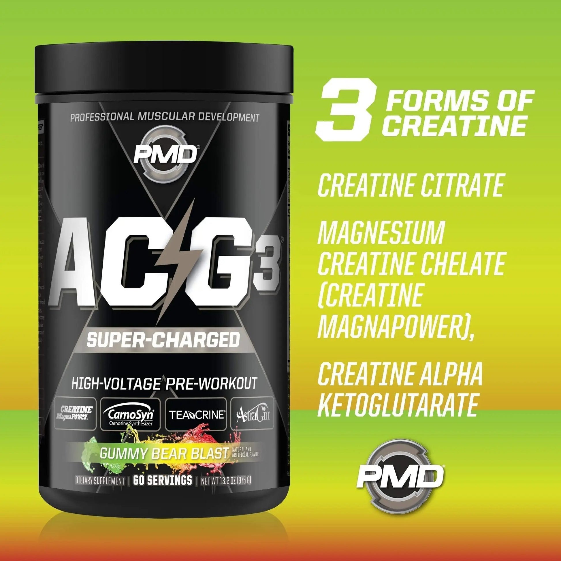 PMD Sports ACG3 Supercharged - Pre Workout - Powerful Strength, High Energy, Maximize Mental Focus, Endurance and Optimum Workout Performance for Men and Women - Gummy Bear Blast (60 Servings)