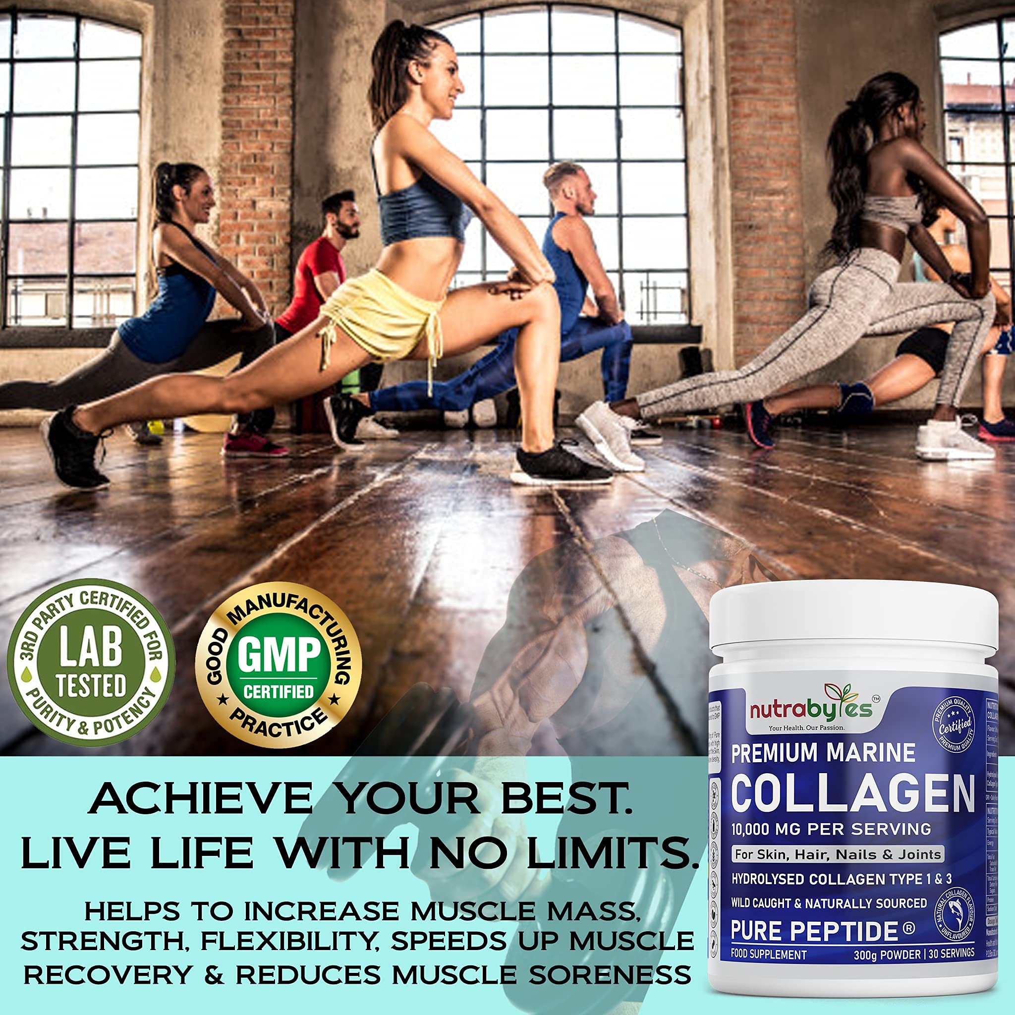 Marine Collagen Powder 10000mg Type 1 & 3 Unflavoured| Wild Caught Fish Hydrolysed Protein Peptides for Women & Men NUTRABYTES