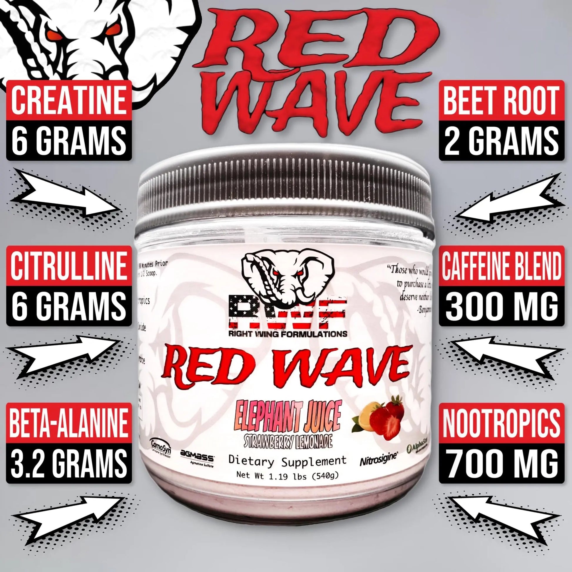 Red Wave Pre Workout Powder With Creatine, Perfect For Men And Women, American Made Nootropic Energy Drink, Stim, Pump, Strength, Citrulline, Beet Root, 300mg Caffeine, 540 Grams (Elephant Juice)