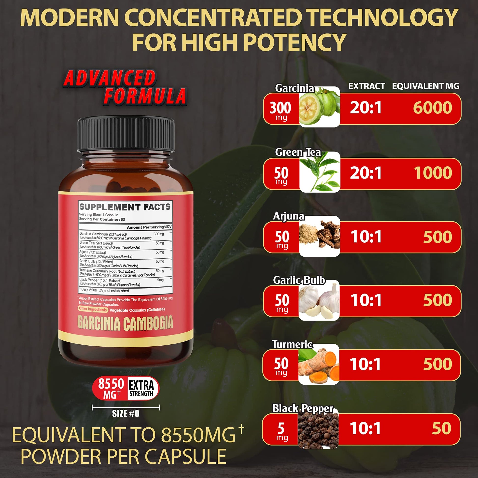 agobi Pure Garcinia Cambogia Capsules 8550mg - 6in1 with Green Tea, Arjuna, Garlic Bulb agobi