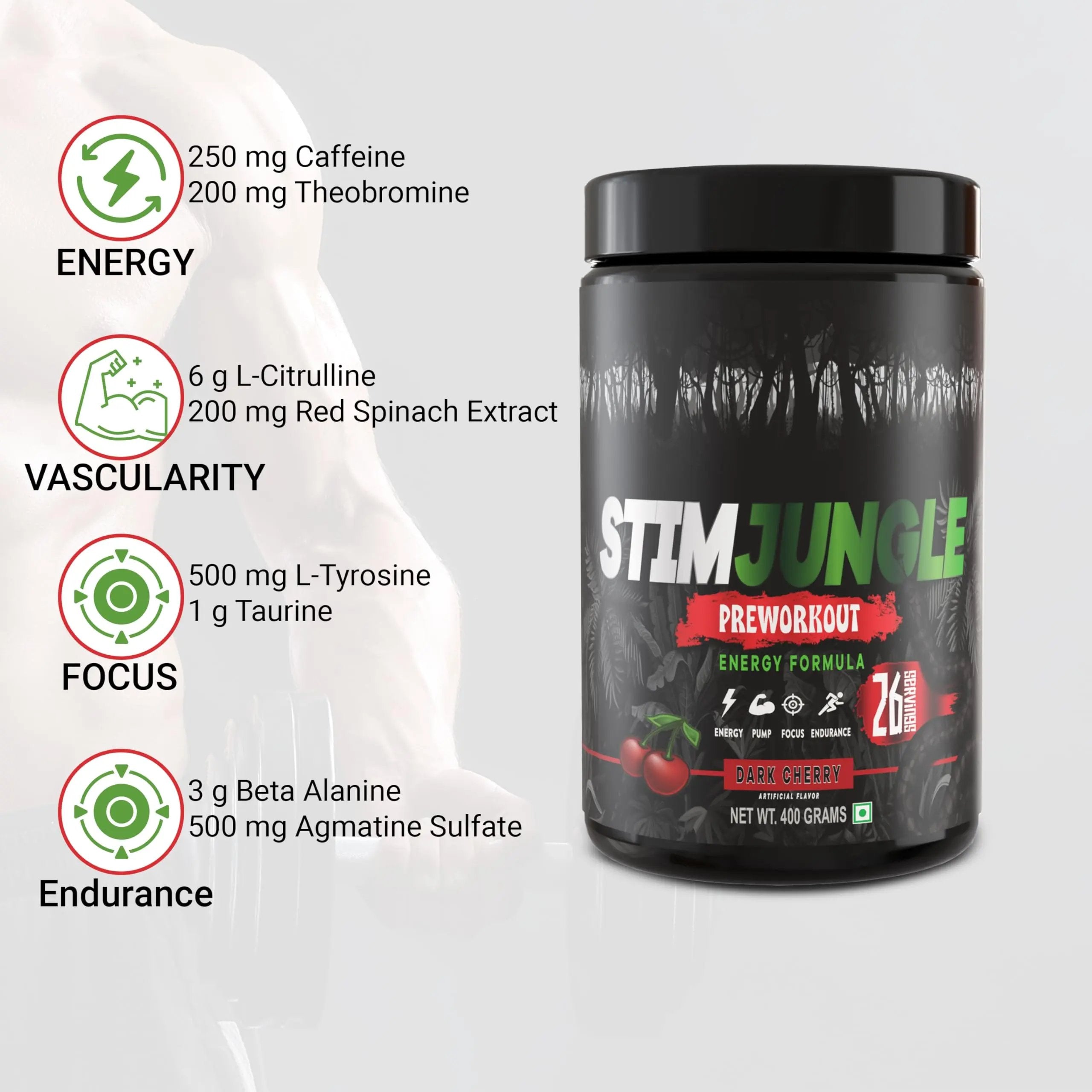 STIMJungle Essential Preworkout •Insane Energy •6G L-Citrulline •3G Beta Alanine •Tongkat Ali •Caffeine •Theobromine