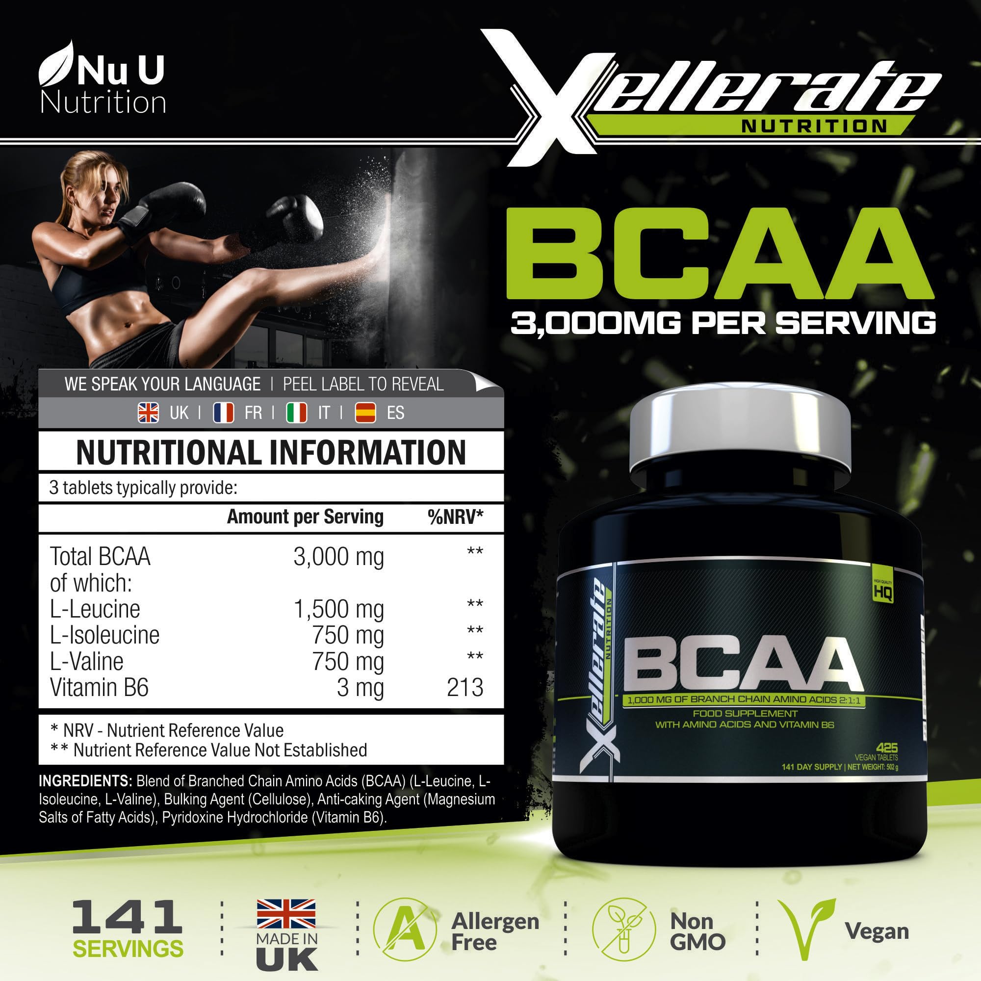 BCAA 1000mg - 425 Vegan Tablets - 3000mg Daily Serving - 141 Day Supply - 2:1:1 BCAAs Xellerate NUTRITION