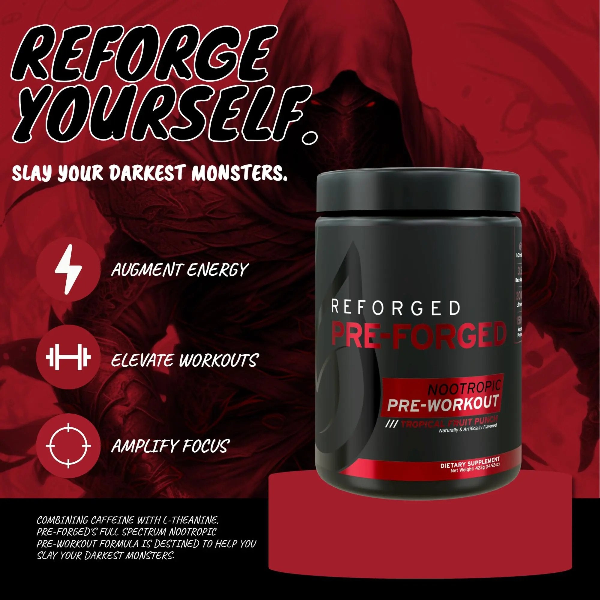 Reforged Pre-Forged L Theanine Pre Workout Powder Drink | Nootropic Nitric Oxide Energy Pump Supplement | Beta-Alanine, L-Citrulline, & Caffeine | 30 Servings (Tropical Fruit Punch)