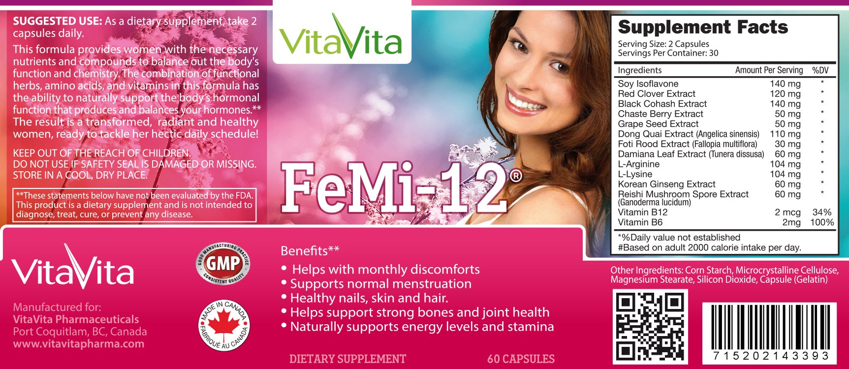 FeMi-12, Helps Alleviate Women's Monthly Period Discomforts & Supports Normal Menstruation (60 Capsules) VitaVita