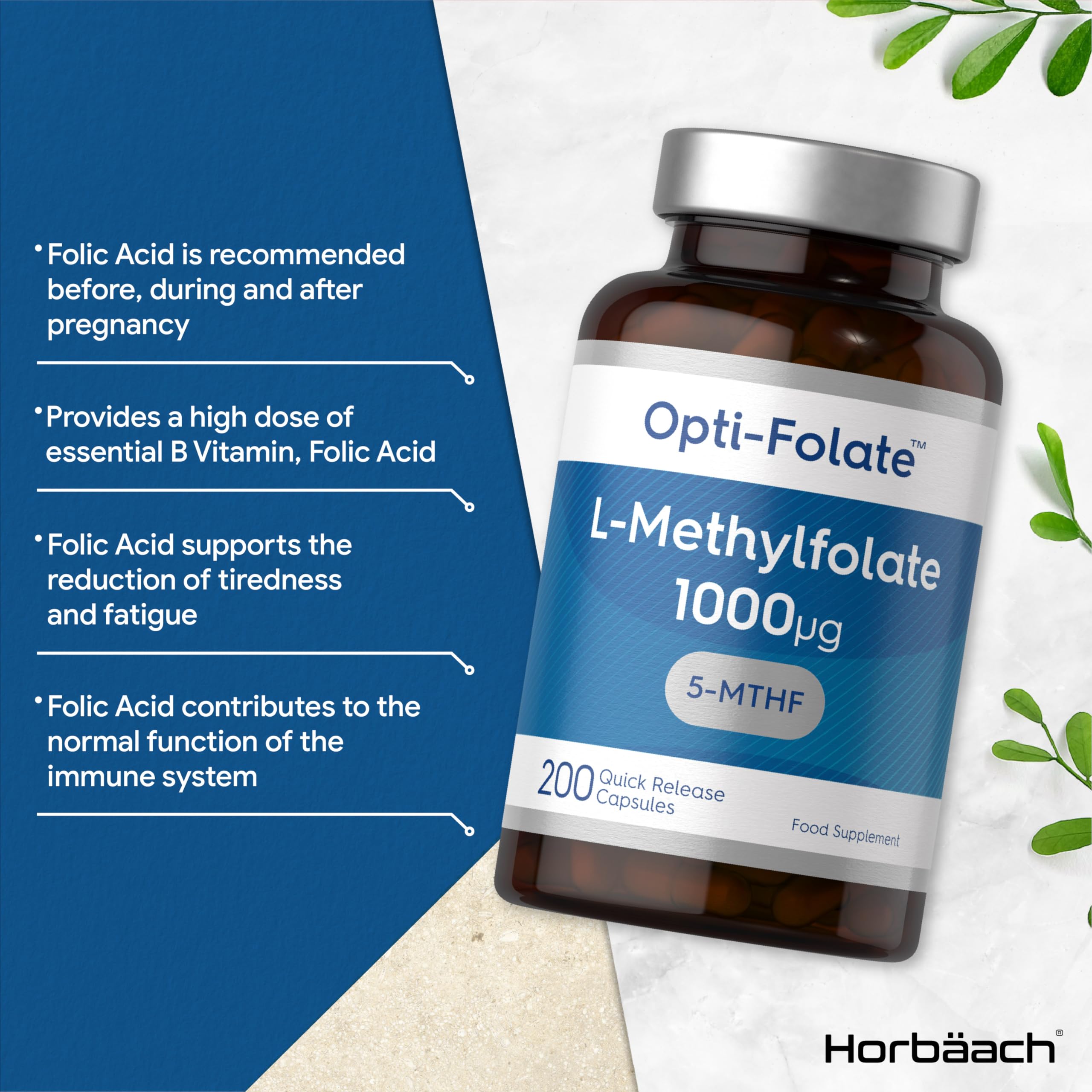 L-Methylfolate 1000ug | 200 Capsules | 5-MTHF Folate Supplement | Active Form Horbäach