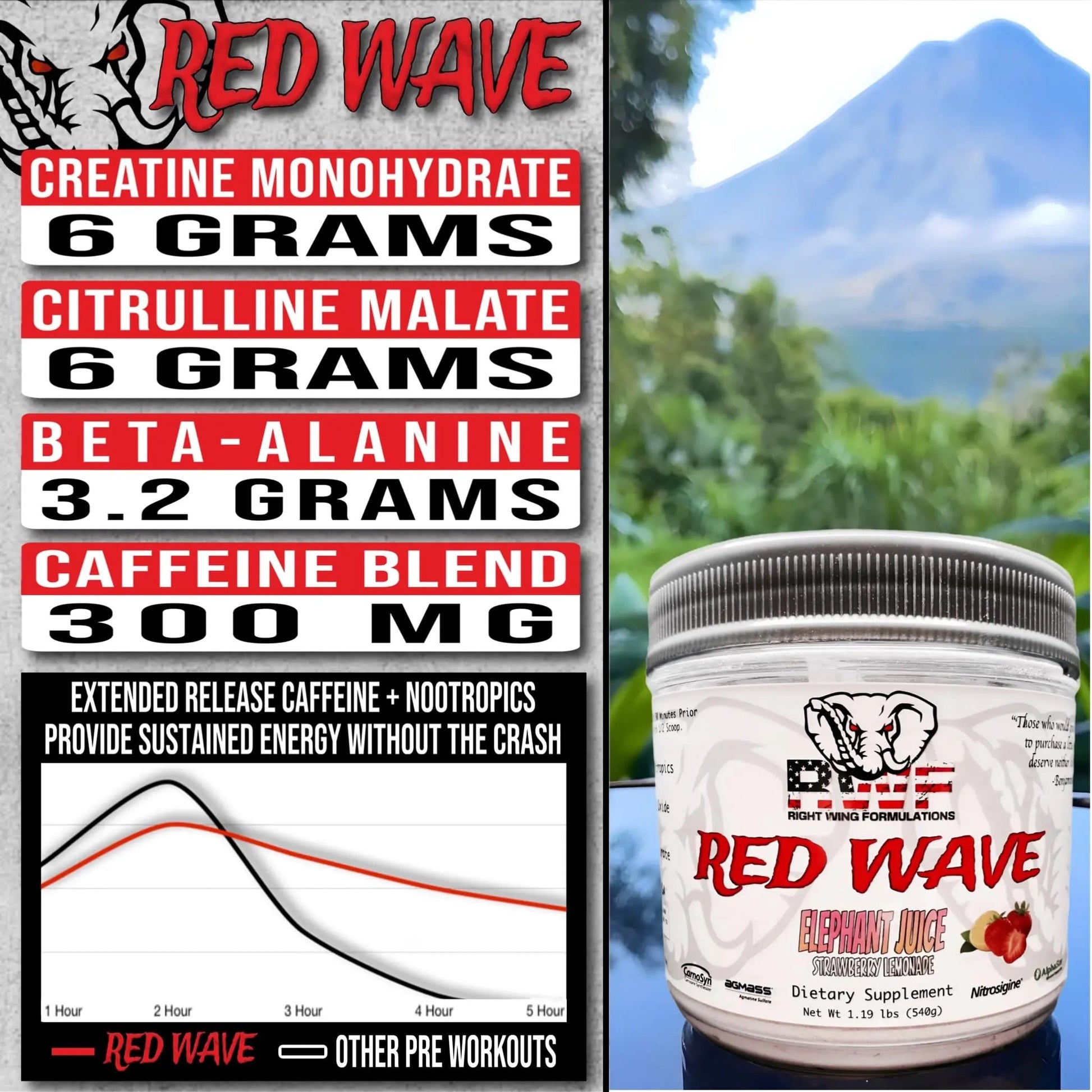 Red Wave Pre Workout Powder With Creatine, Perfect For Men And Women, American Made Nootropic Energy Drink, Stim, Pump, Strength, Citrulline, Beet Root, 300mg Caffeine, 540 Grams (Elephant Juice)
