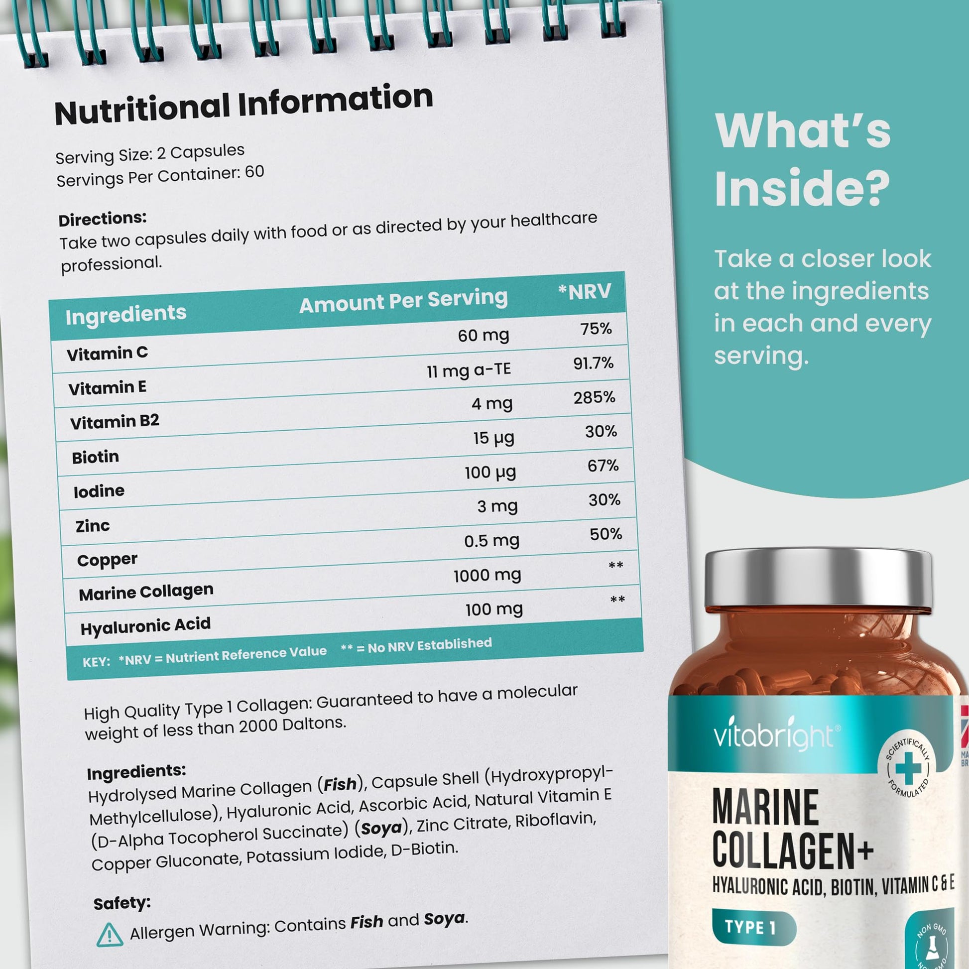 Marine Collagen Capsules 1000mg - 120 Capsules - 9 Powerful Skin Supporting Nutrients VitaBright