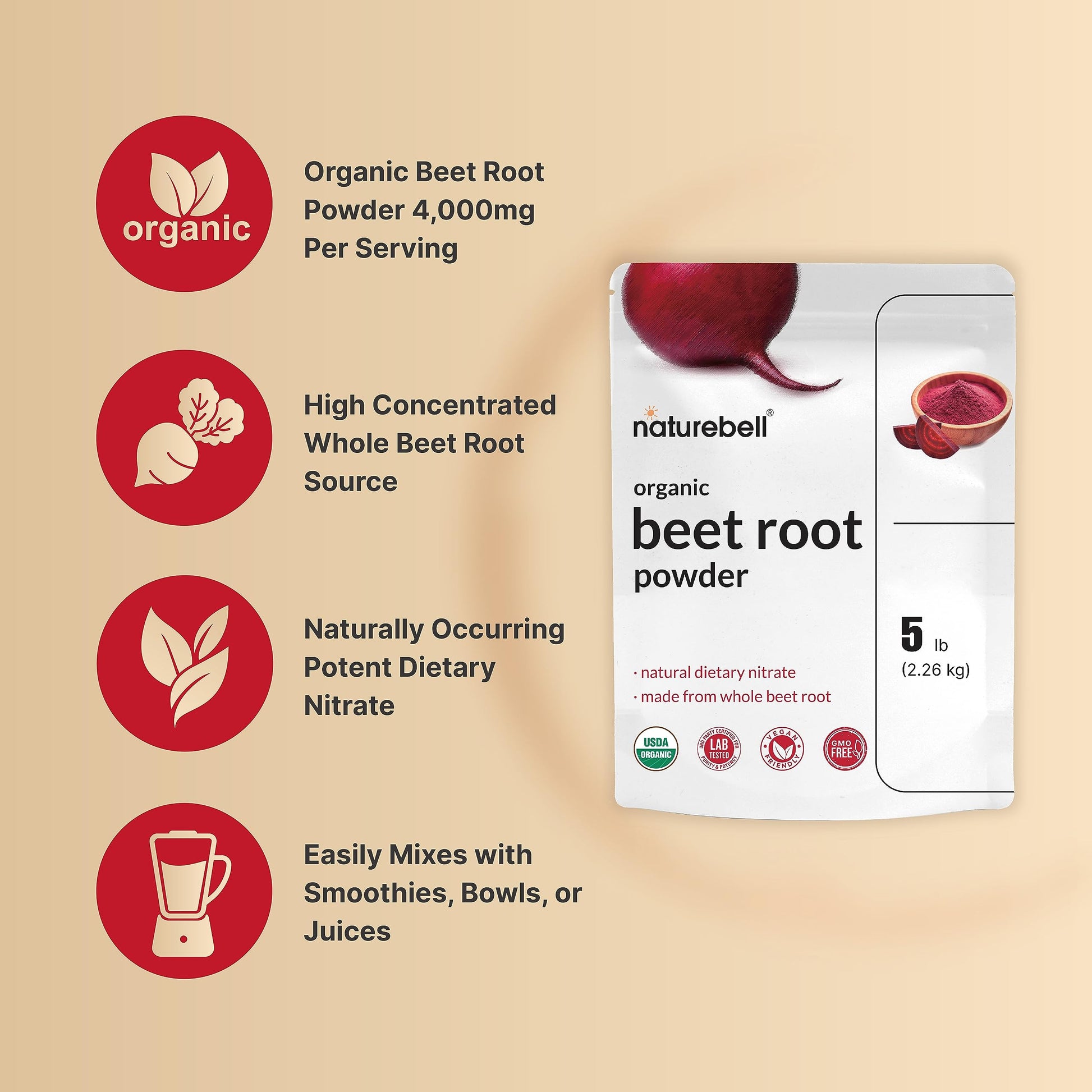 Organic Beet Root Powder 5Lbs | 4,000mg Per Serving – Concentrated Whole Beet Root NatureBell