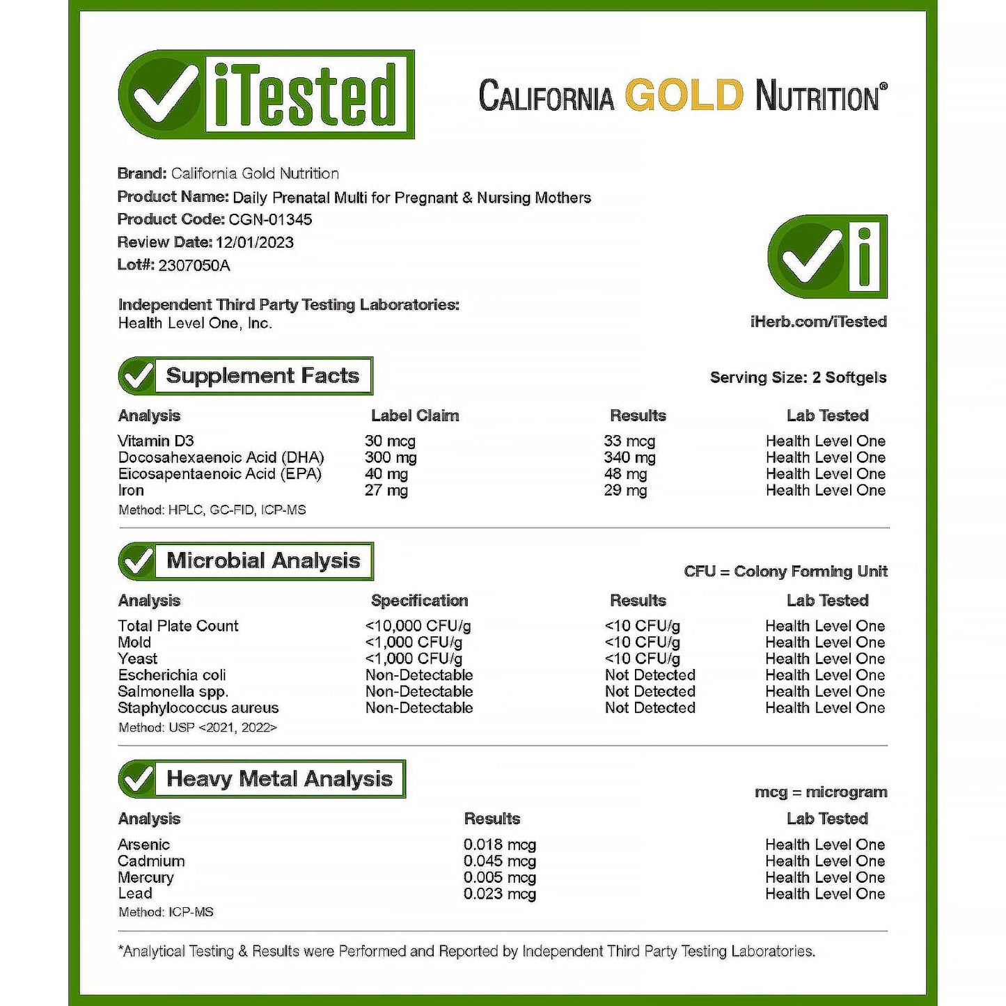 California Gold Nutrition Prenatal MultiVitamin, 60 Fish Gelatin Softgel