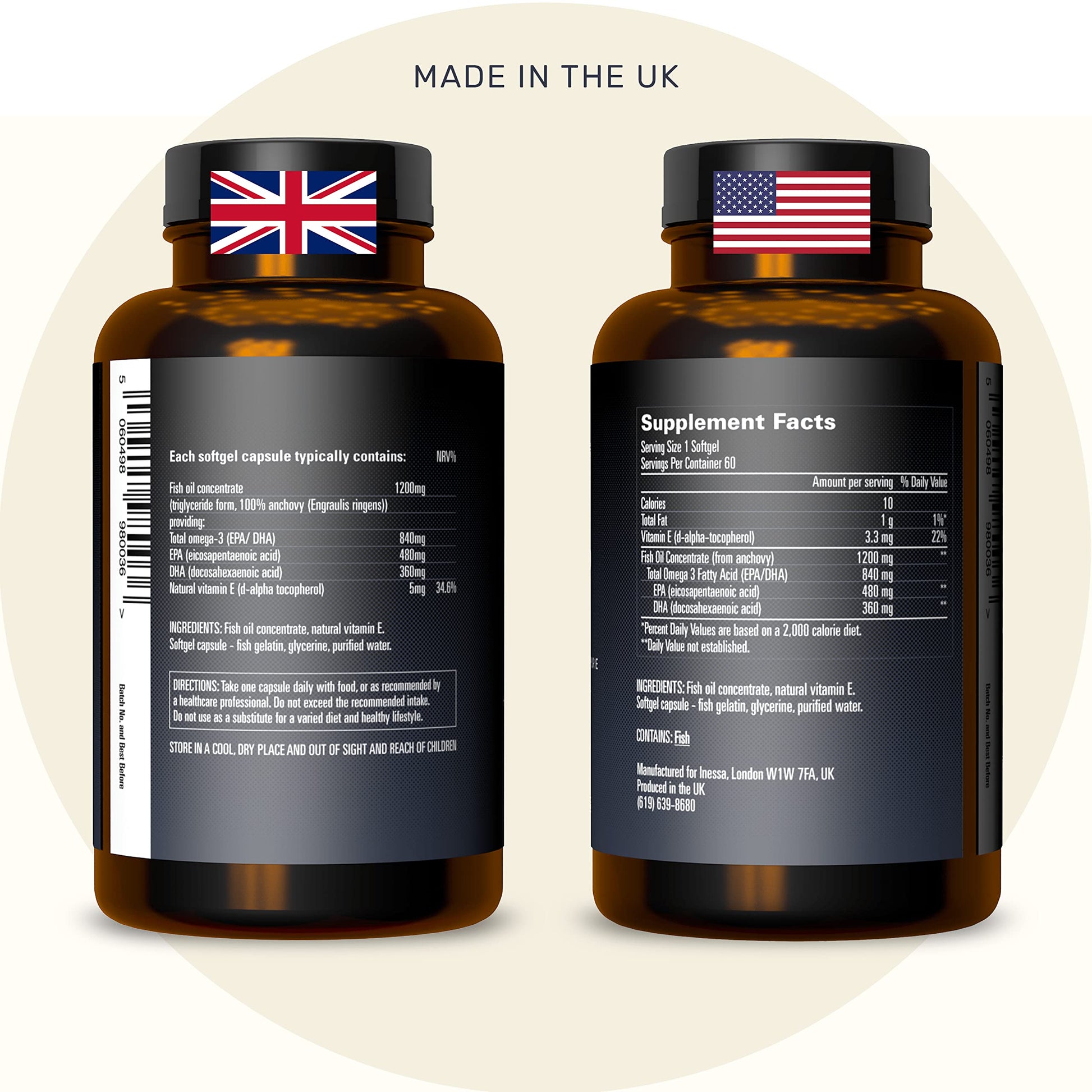 Omega 3 Fish Oil 1200mg (480mg EPA/360mg DHA per capsule) High Strength, Ultra Pure Inessa