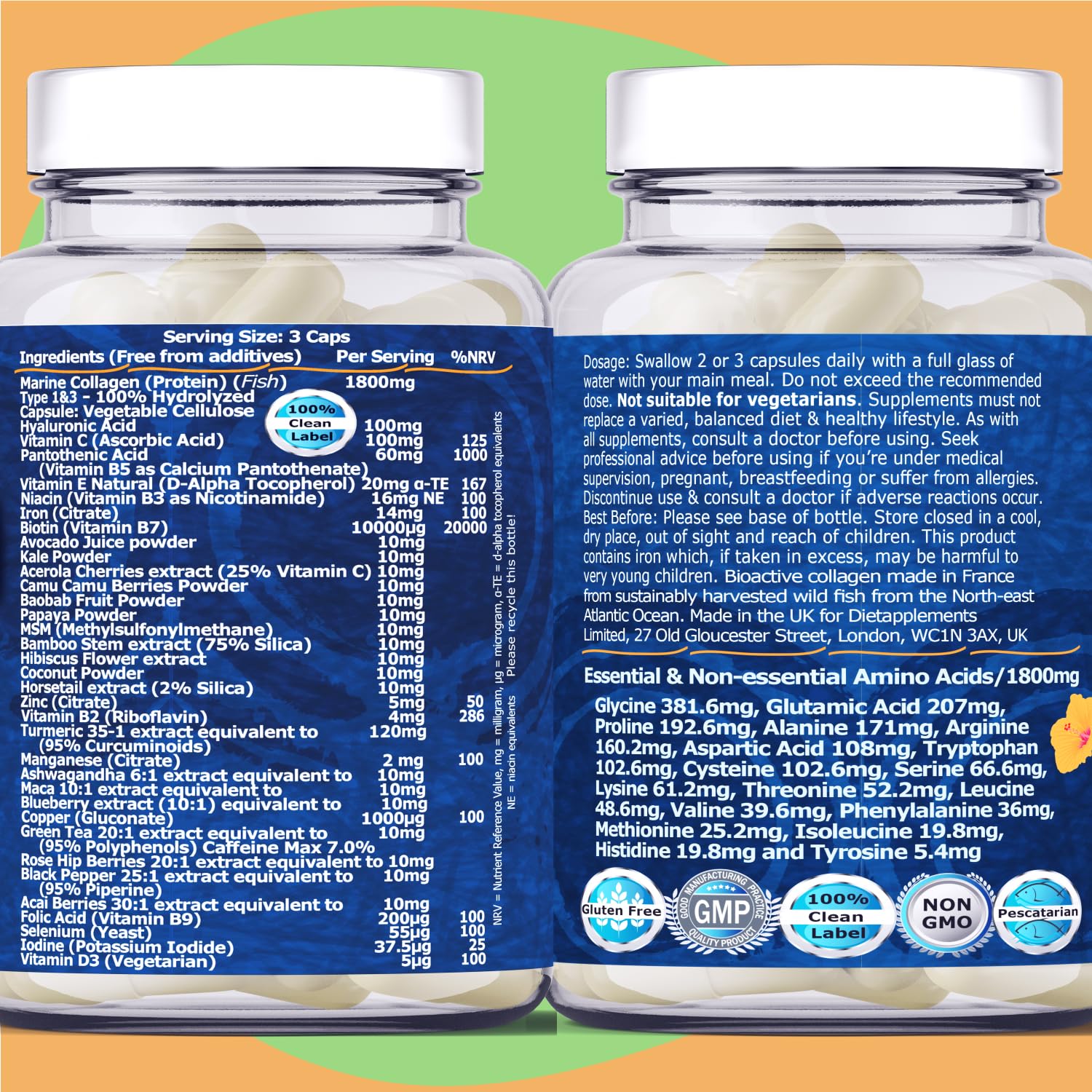 Marine Collagen Type1&3 1800mg, Biotin 10000mcg/serving, Hyaluronic Acid, Vitamins, Minerals, Botanicals Dietapplements