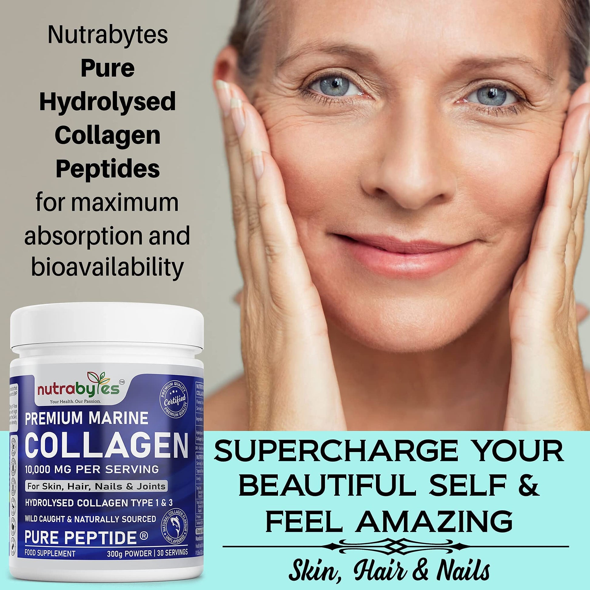 Marine Collagen Powder 10000mg Type 1 & 3 Unflavoured| Wild Caught Fish Hydrolysed Protein Peptides for Women & Men NUTRABYTES