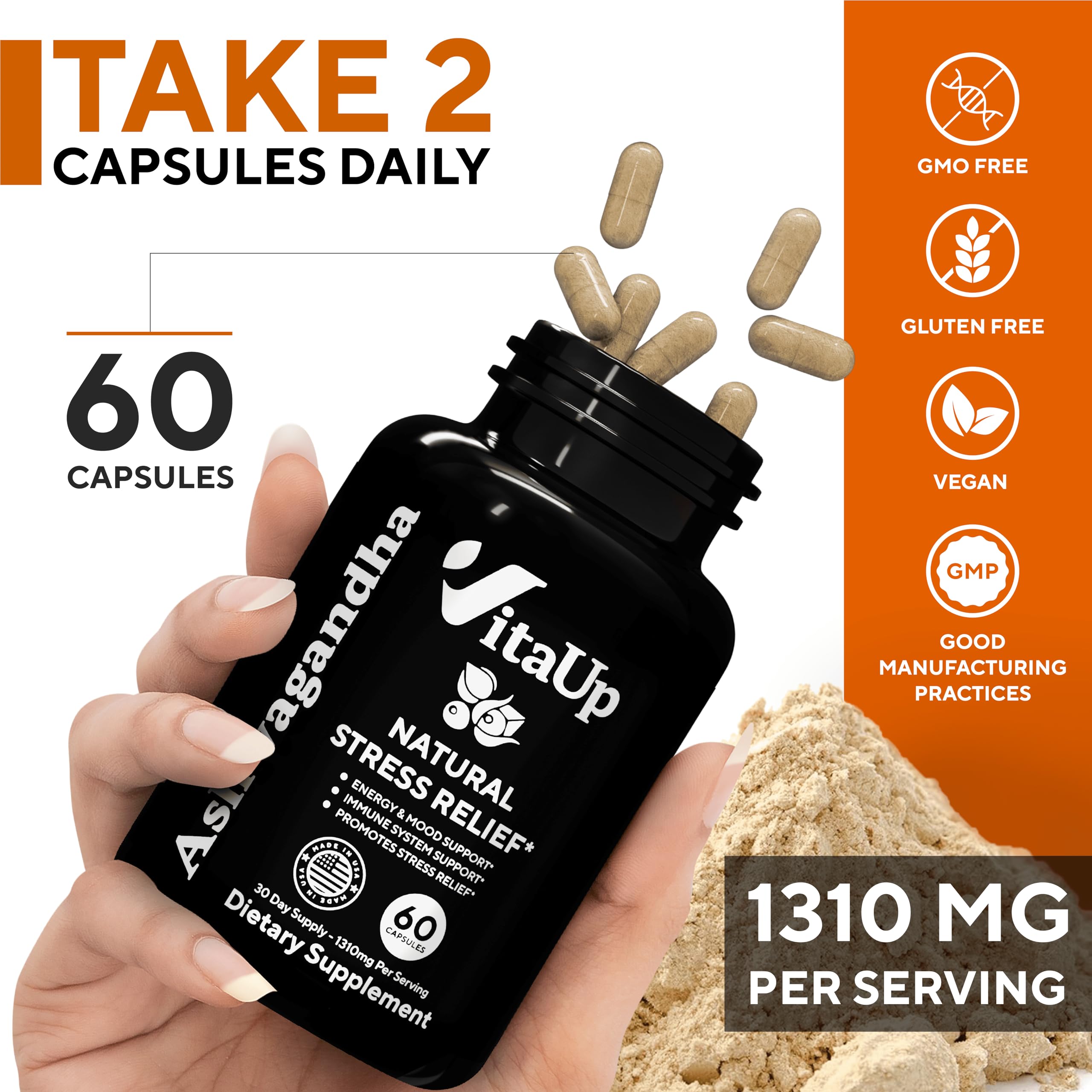 VitaUp Organic Ashwagandha Capsules 1310 mg - USA Made Ashwagandha Supplements VitaUp