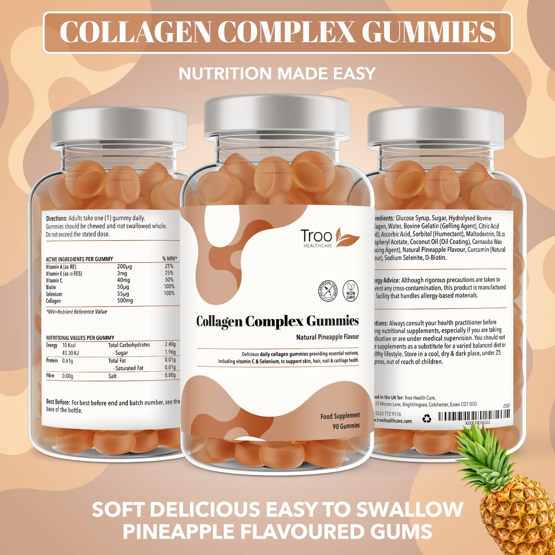 Hydrolysed Collagen Complex - 90 Natural Pineapple Flavour Chewable Gummies - One Per Day with Biotin, Vitamin C and Selenium Troo Health Care