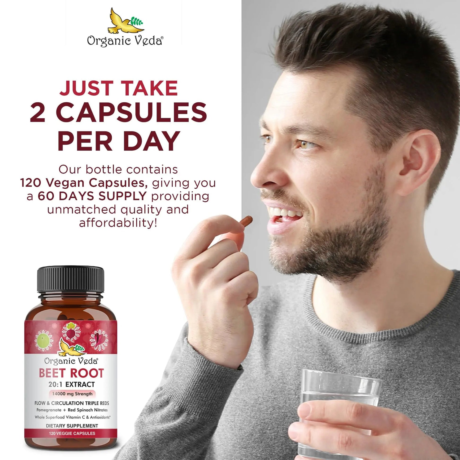 Organic Veda Beet Root Capsules - Triple Reds Nitric Oxide Beets Supplements - Concentrated Nitrates and Vitamin C Blend of Beet Root Extract, Red Spinach, Pomegranate, Black Pepper - 120 Capsules