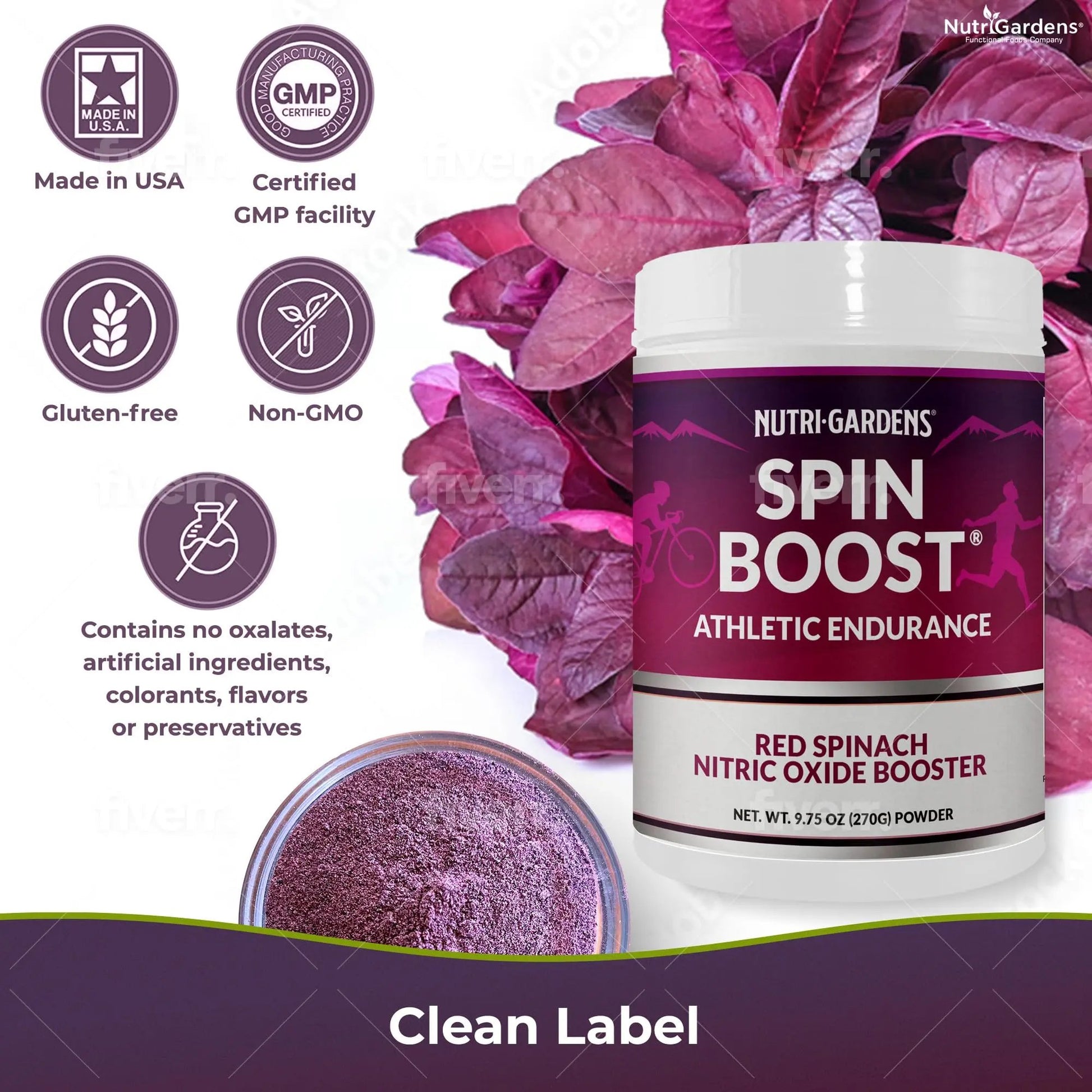 Nutrigardens Spin Boost Nitric Oxide Red Spinach Nitrate Pre-Workout Powder Concentrated Super Juice Powder with Beets for Athletic Endurance