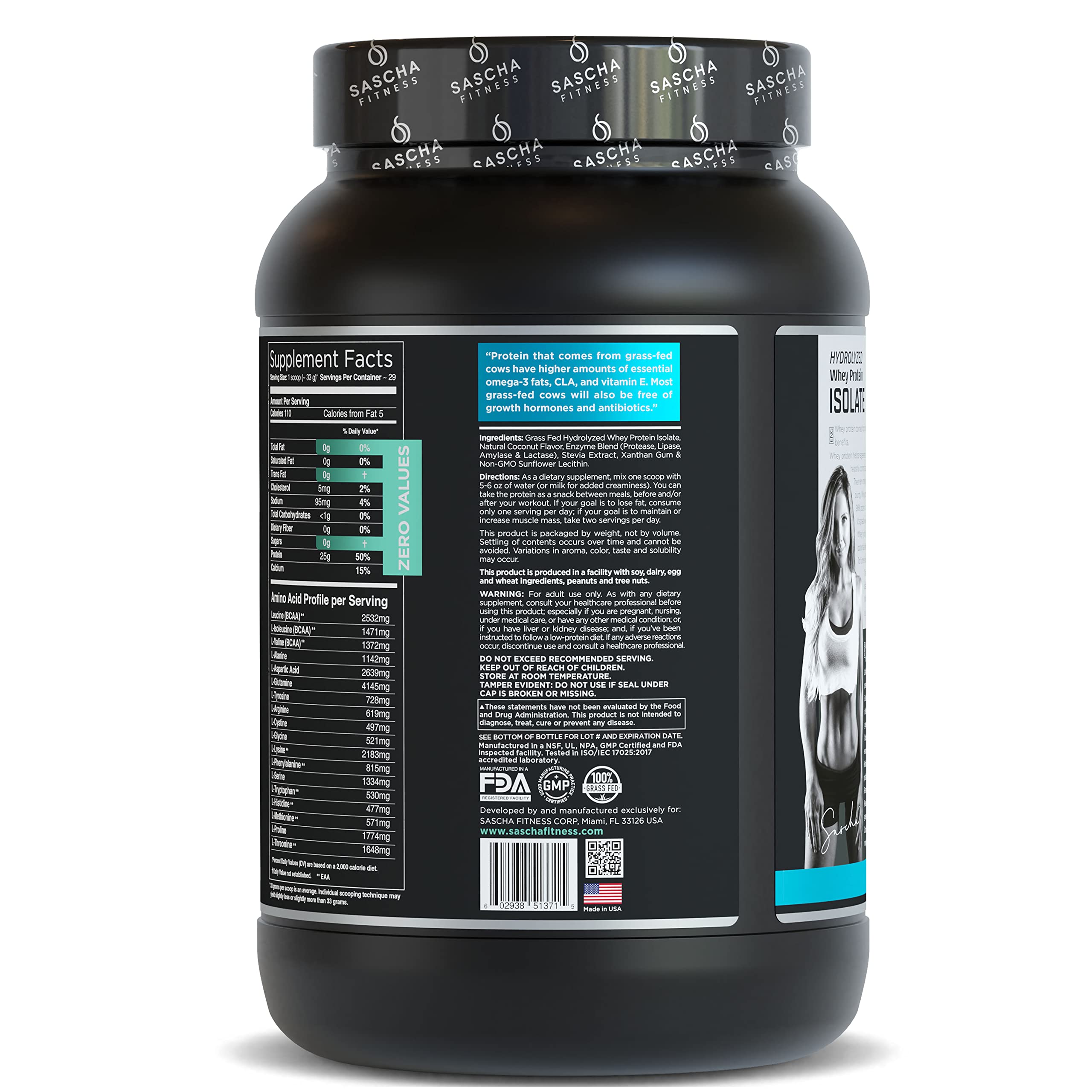 SASCHA FITNESS Hydrolyzed Whey Protein Isolate,100% Grass-Fed (2 Pounds, Coconut) SASCHA FITNESS