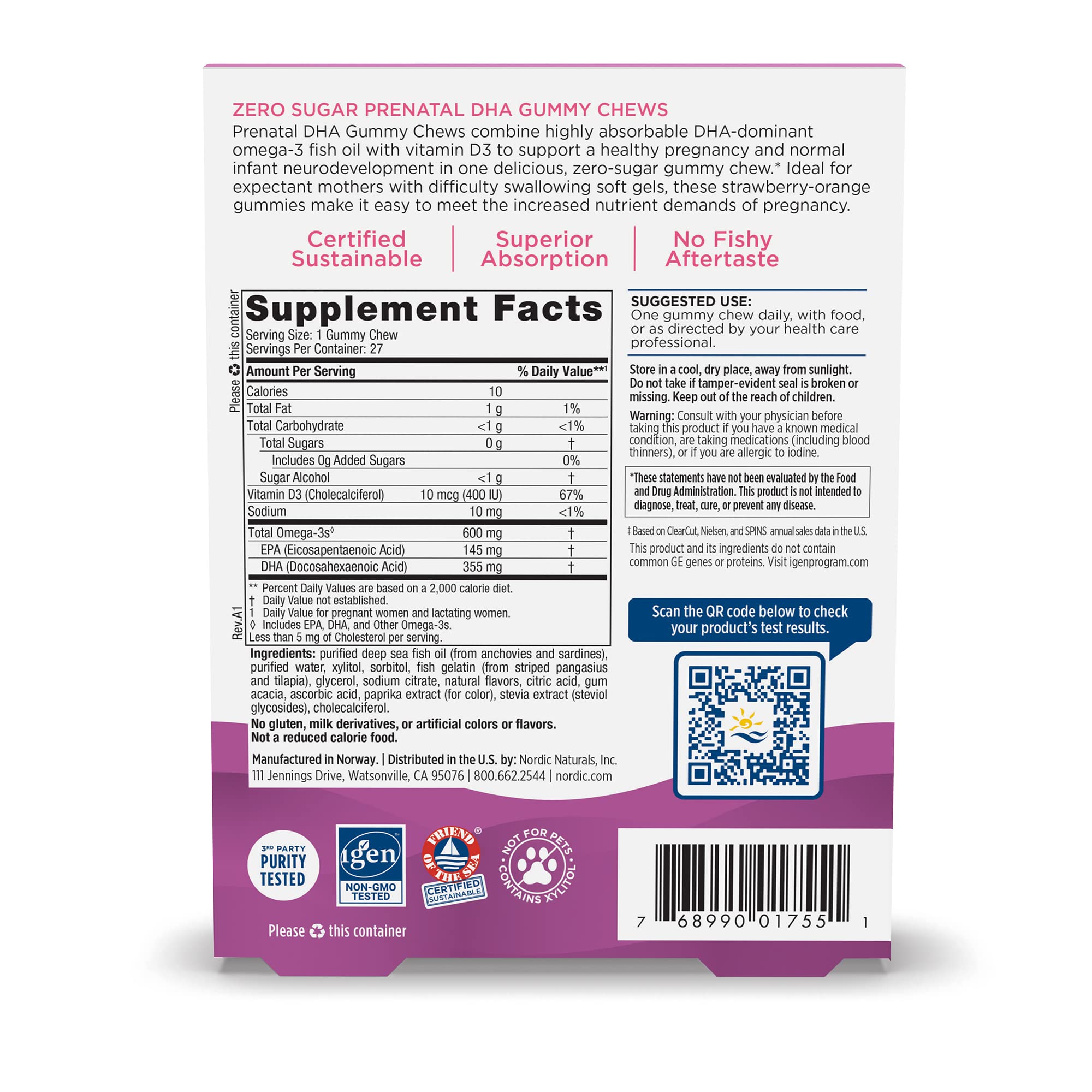 Nordic Naturals Zero Sugar DHA Prenatal Vitamin Gummies, Strawberry Orange Flavor - 27 Gummies