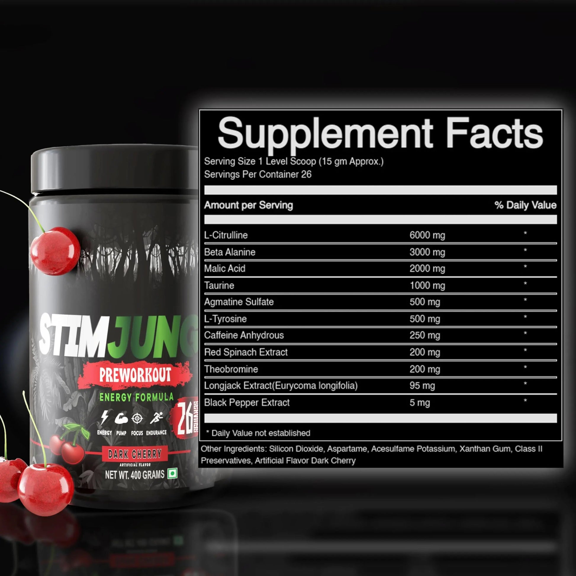 STIMJungle Essential Preworkout •Insane Energy •6G L-Citrulline •3G Beta Alanine •Tongkat Ali •Caffeine •Theobromine