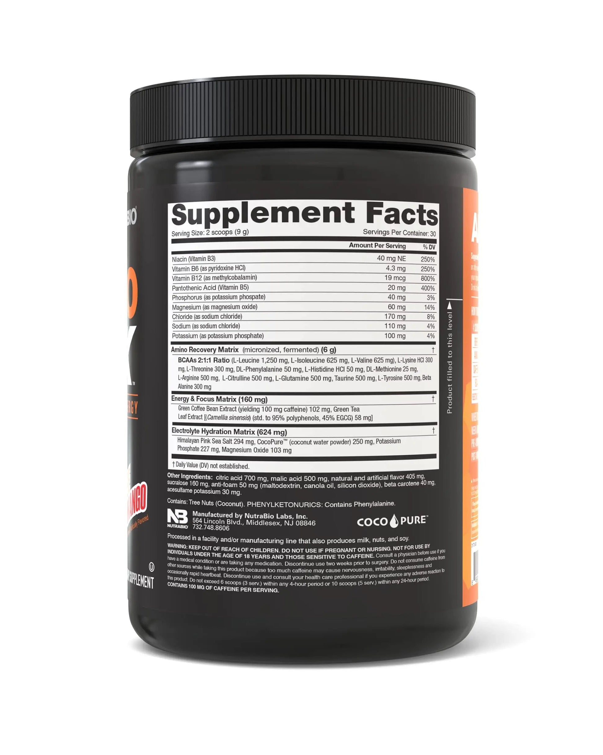 NutraBio Amino Kick - BCAA's, Electrolytes for Hydration, Natural Caffeine- 30 Servings- (Orange Mango)