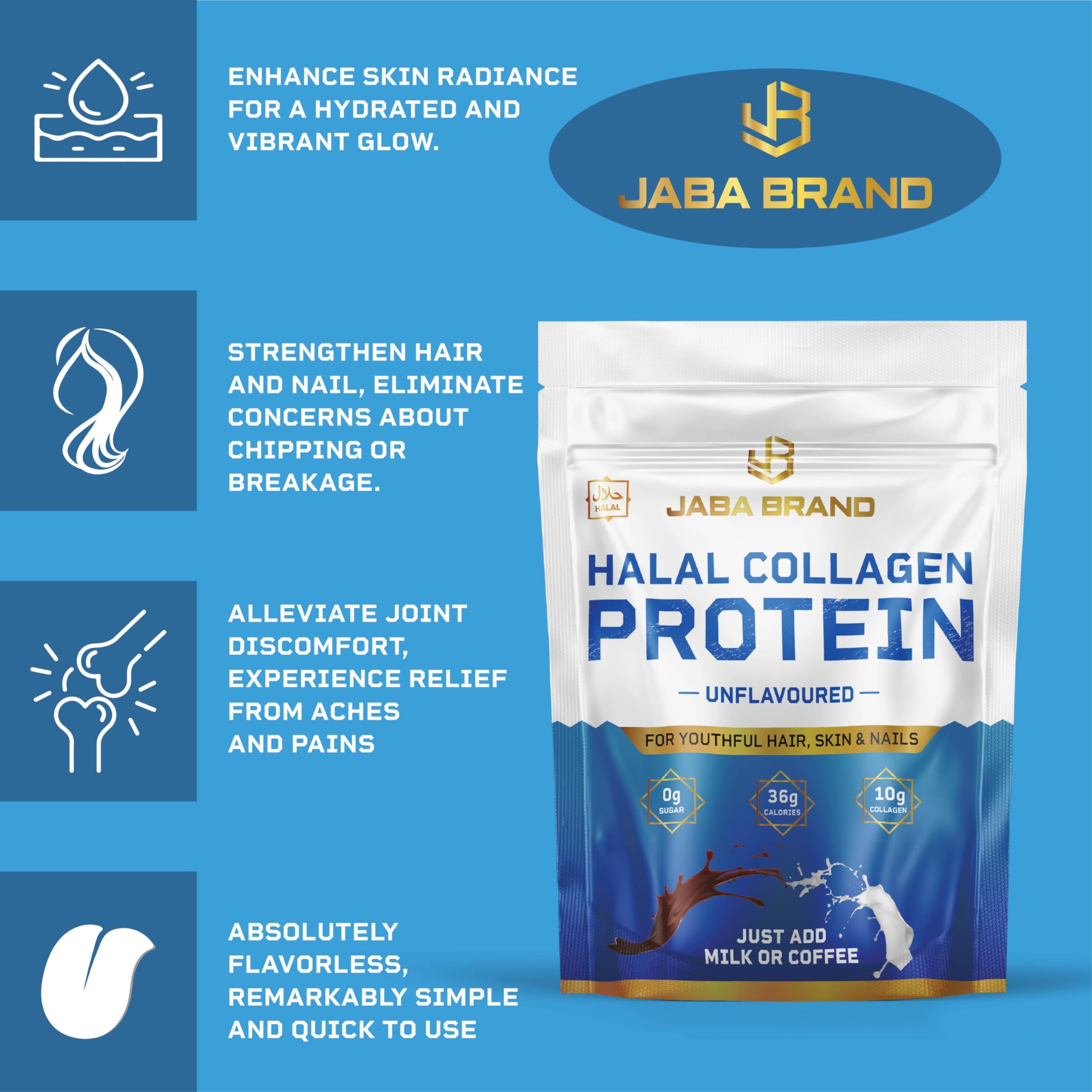 JABA BRAND - Halal Bovine Collagen Protein Powder for Hair, Nails, Joints and Skin JABA BRAND