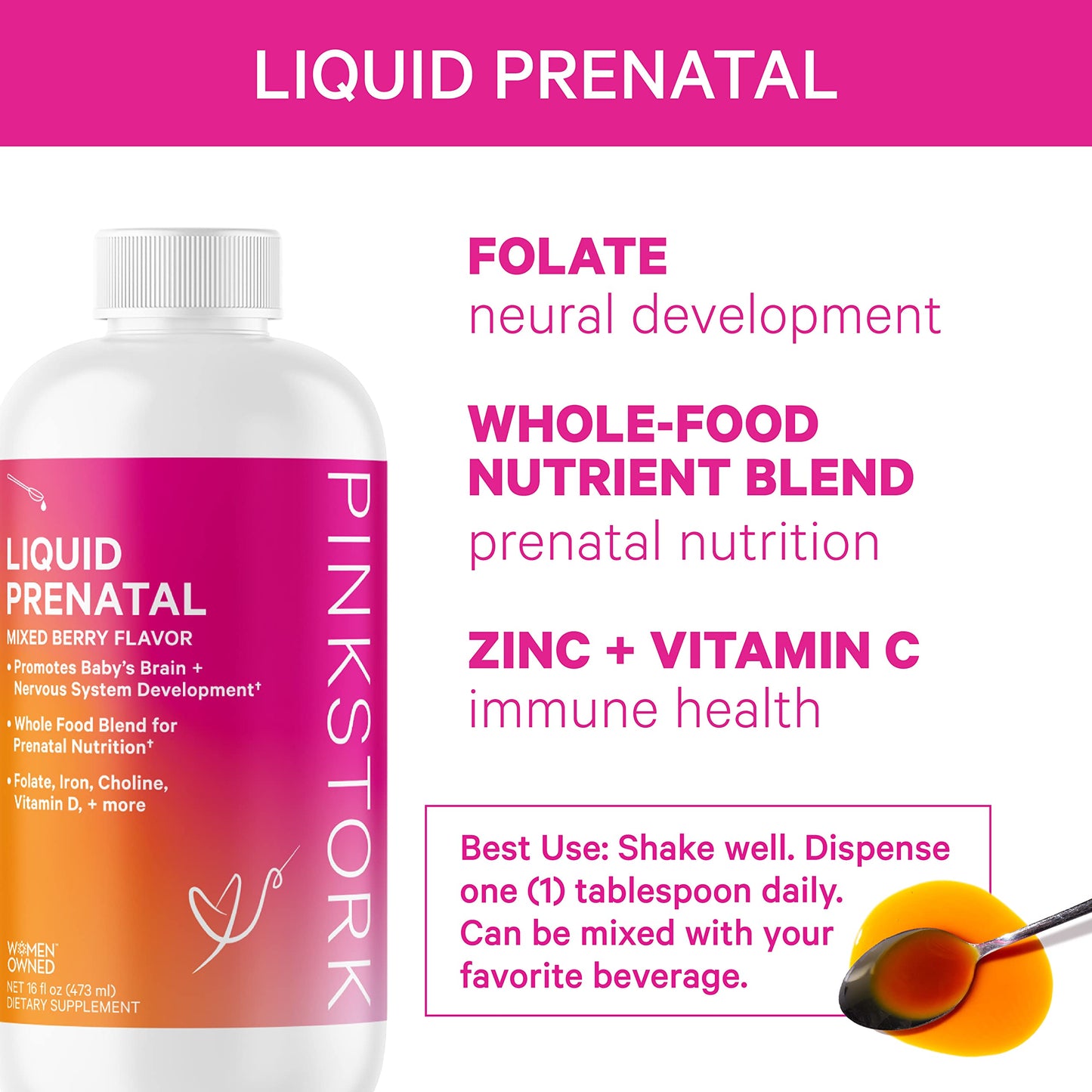 Pink Stork Liquid Prenatal Vitamin Bundle: Liquid Prenatal Vitamin with DHA and Folic Acid + Pro + DHA