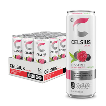 CELSIUS Raspberry Acai Green Tea, Functional Essential Energy Drink 12 Fl Oz (Pack of 12) Packaging may vary