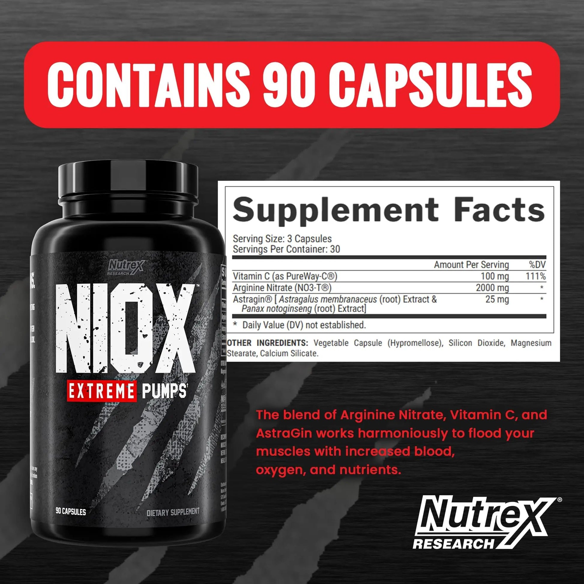 Nutrex Research NIOX Extreme Pumps - 180-Count Pre-Workout Pump Supplement with Arginine Nitrate, Vitamin C, AstraGin for Muscle Pump, Vascularity, Endurance, NO3-T