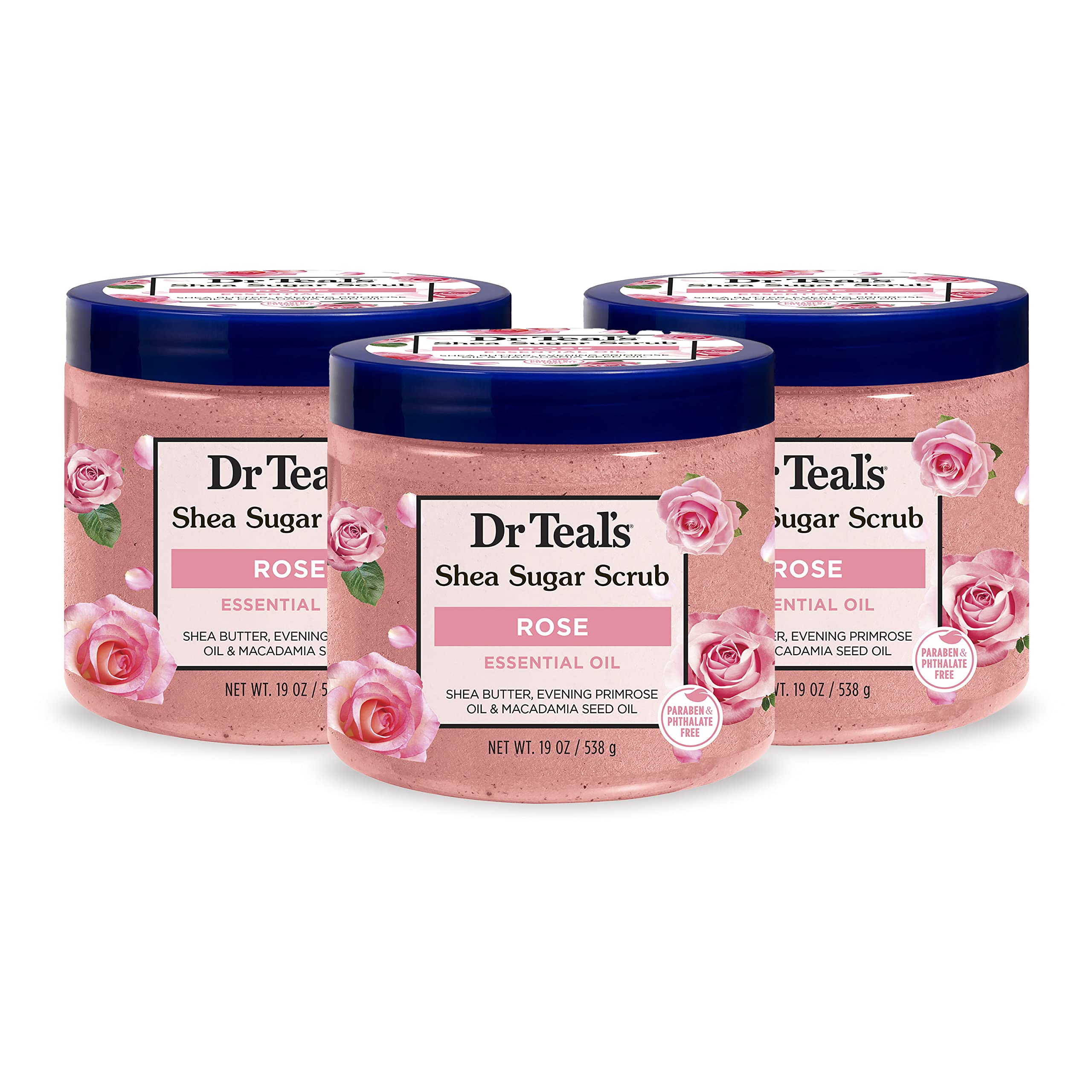 Dr Teal's Shea Sugar Body Scrub, Rose with Essential Oil, 19 oz (Pack of 3) Packaging May