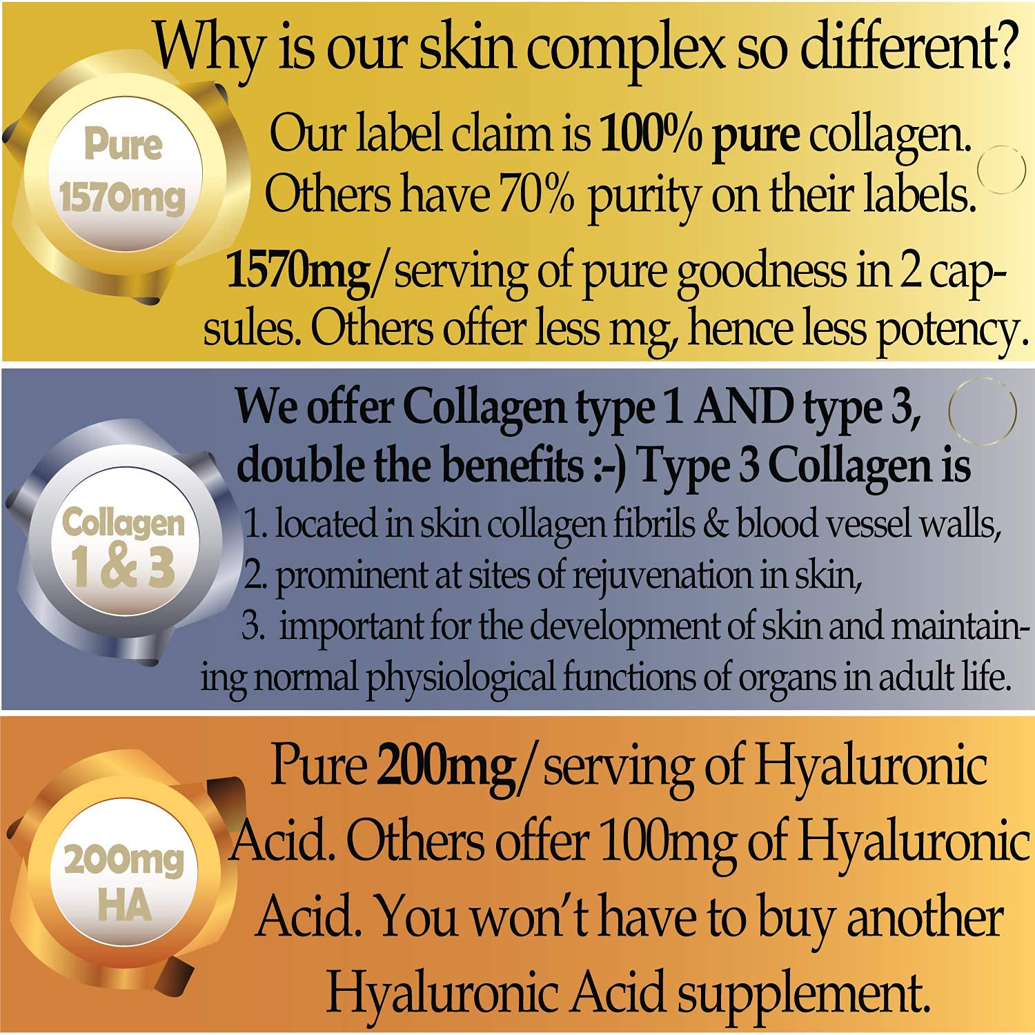 Marine Collagen Type 1&3 1000mg, Hyaluronic Acid 200mg/serving; Vitamin C, Zinc, Copper for Immune System Dietapplements