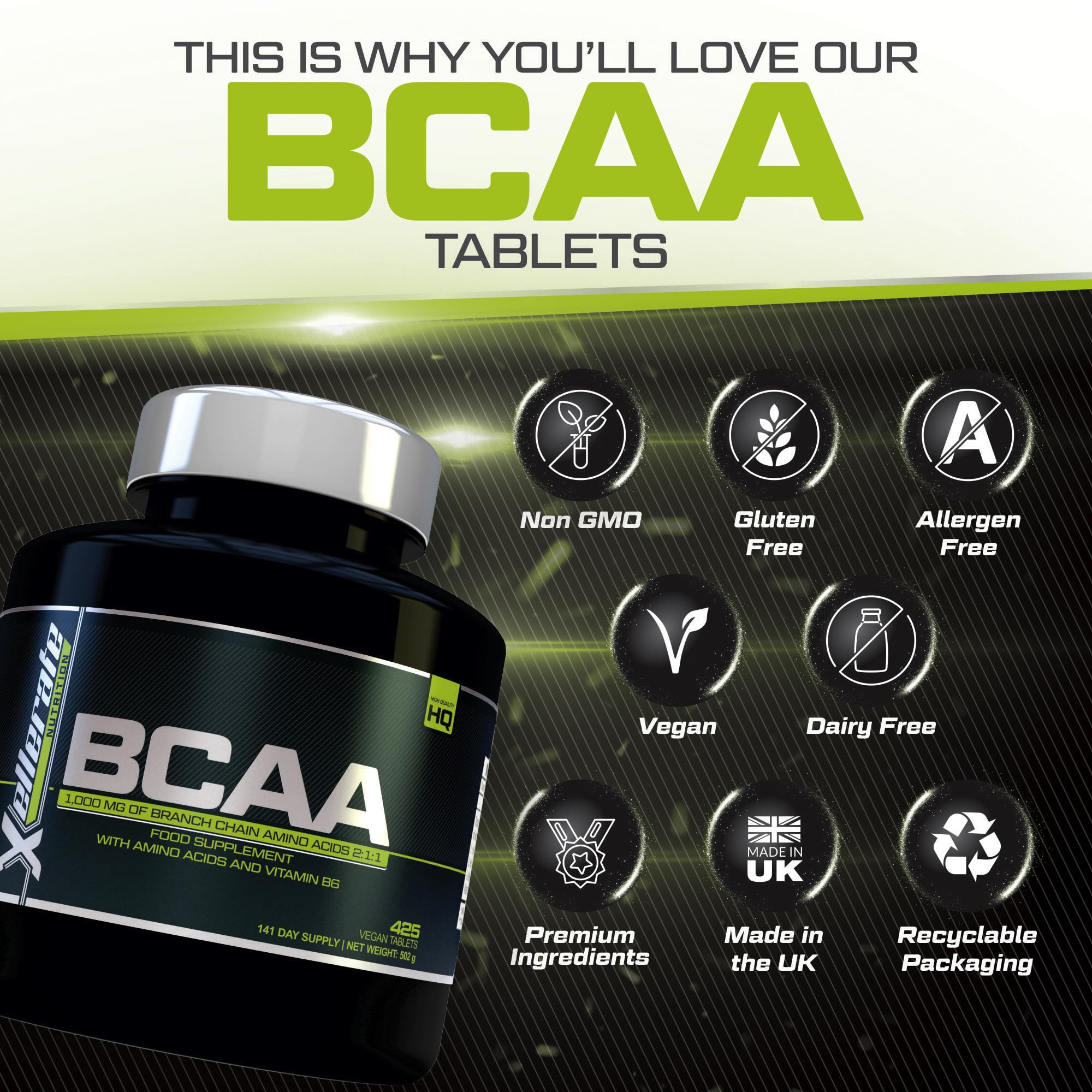 BCAA 1000mg - 425 Vegan Tablets - 3000mg Daily Serving - 141 Day Supply - 2:1:1 BCAAs Xellerate NUTRITION