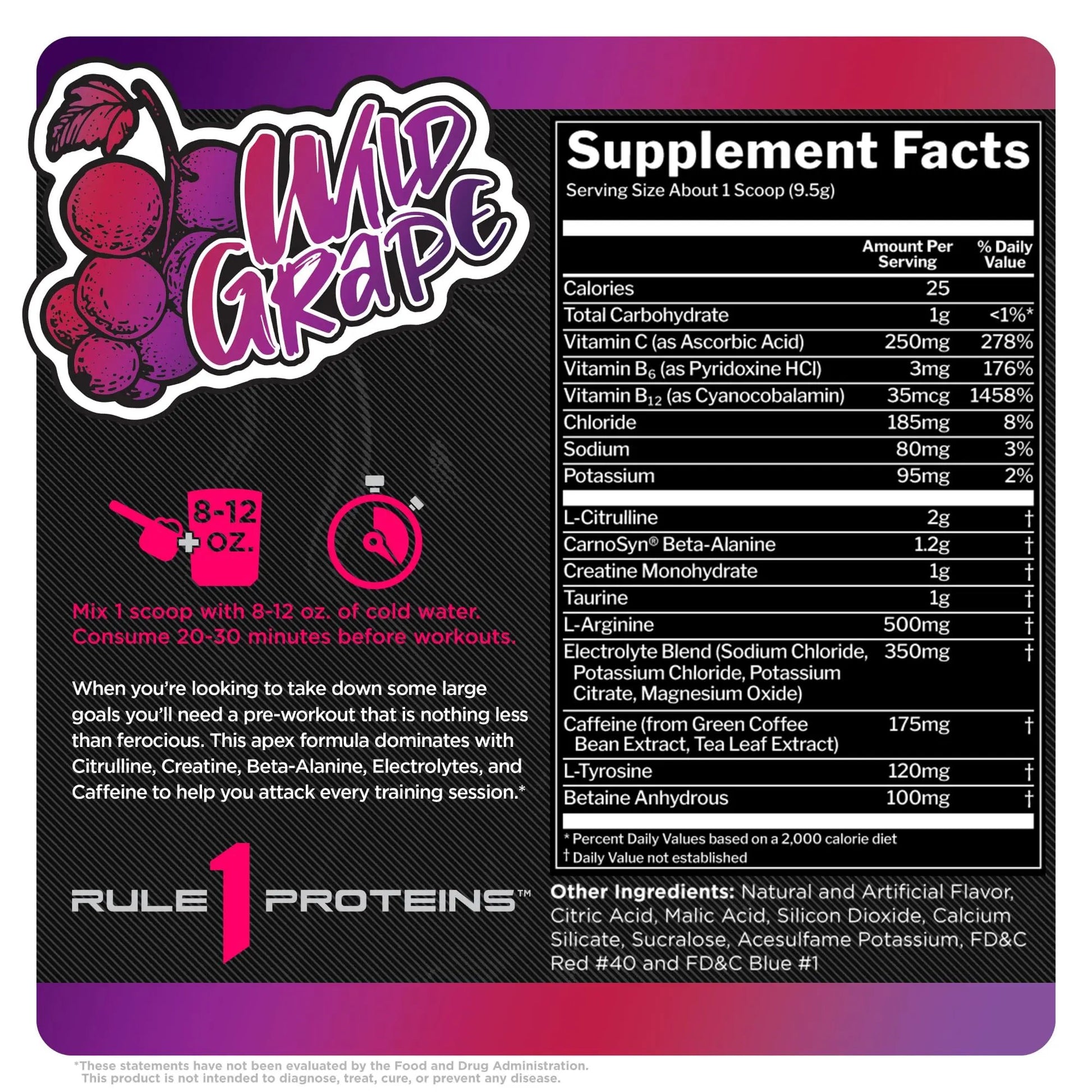 Rule 1 R1 Roar, Wild Grape - 10.05 oz - Pre-Workout Powder - with Creatine, Beta-Alanine, Citrulline, Electrolytes & Caffeine - 30 Servings