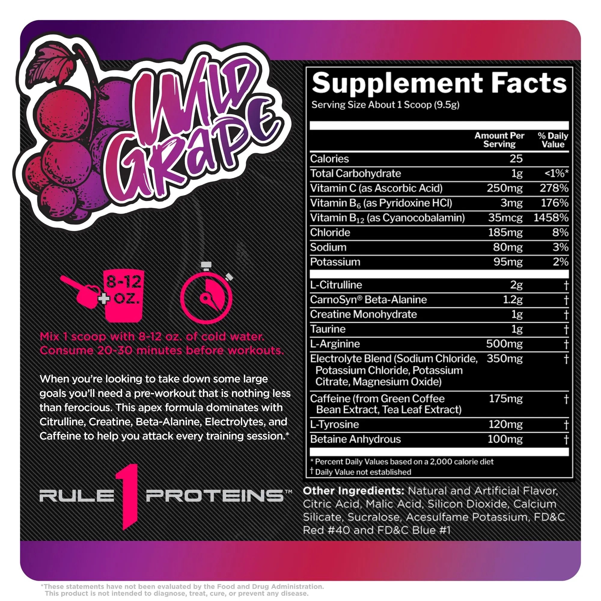 Rule 1 R1 Roar, Wild Grape - 10.05 oz - Pre-Workout Powder - with Creatine, Beta-Alanine, Citrulline, Electrolytes & Caffeine - 30 Servings