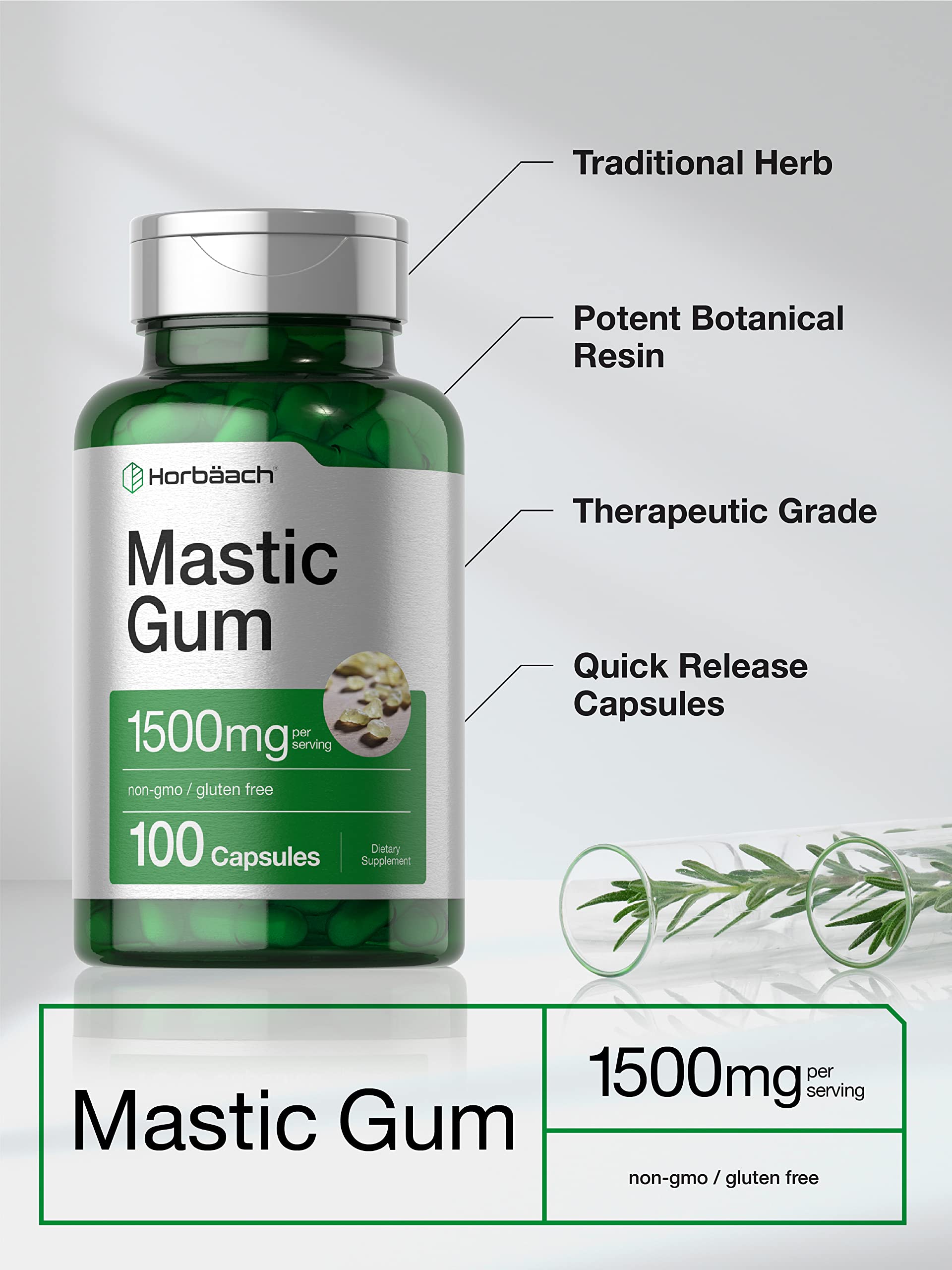 Mastic Gum Capsules 1500mg 100 Count | Non-GMO & Gluten Free | by Horbaach Horbäach