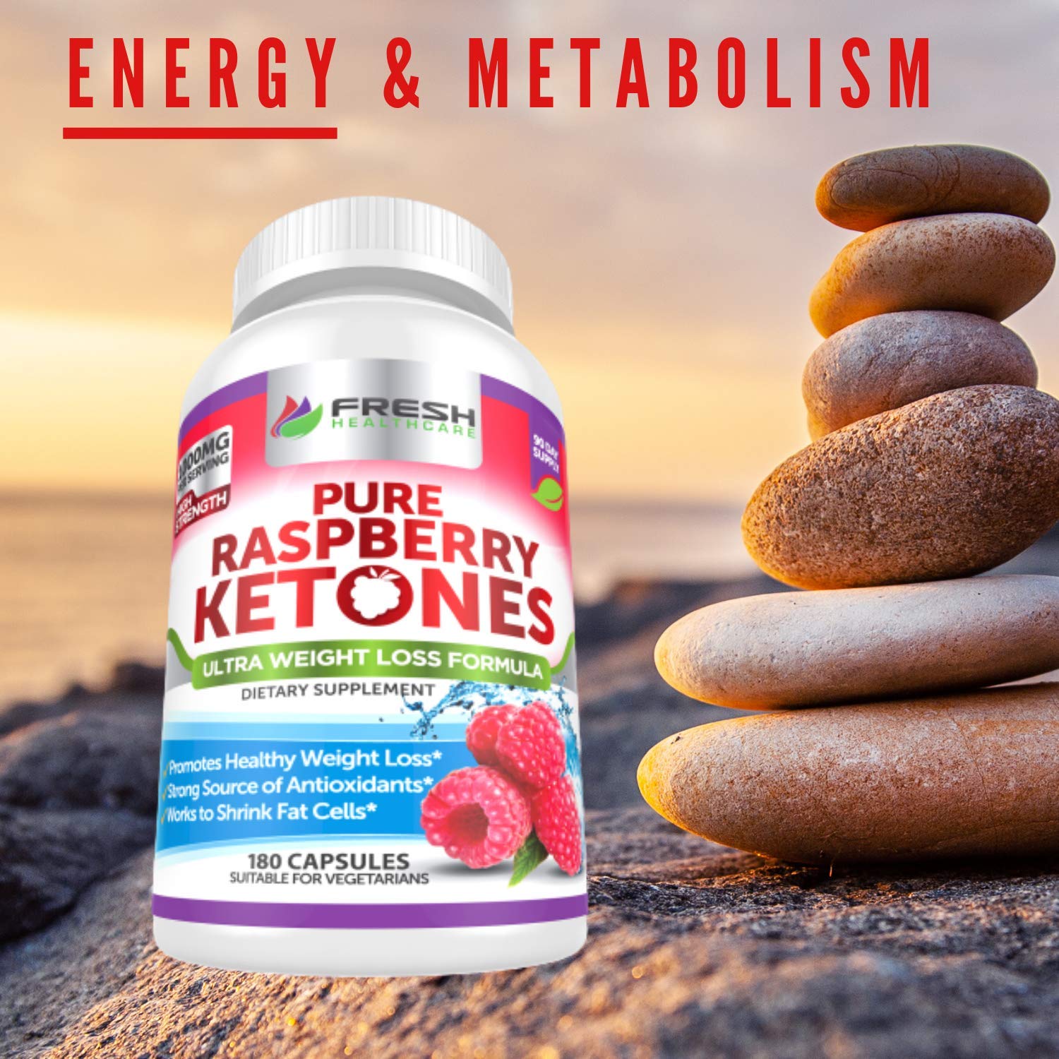 FRESH HEALTHCARE Pure 100% Raspberry Ketones Max 1000mg Per Serving - 3 Month FRESH HEALTHCARE