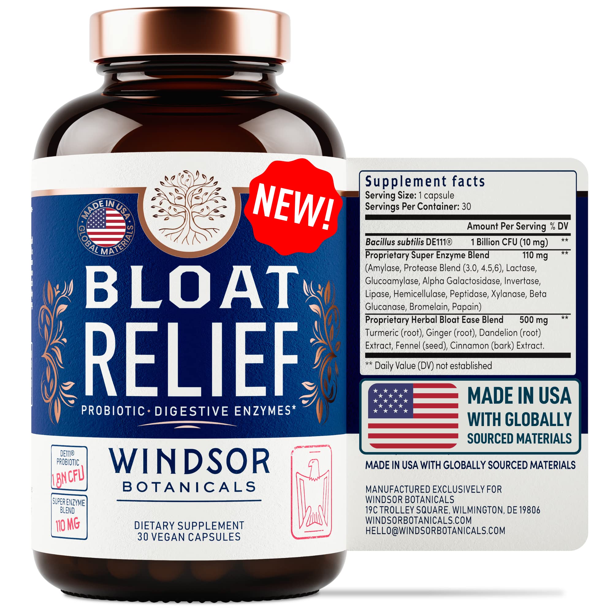 Bloat Relief Probiotic and Digestive Enzymes - Anti Bloating Turmeric, Fennel, Bromelain IBS WINDSOR BOTANICALS