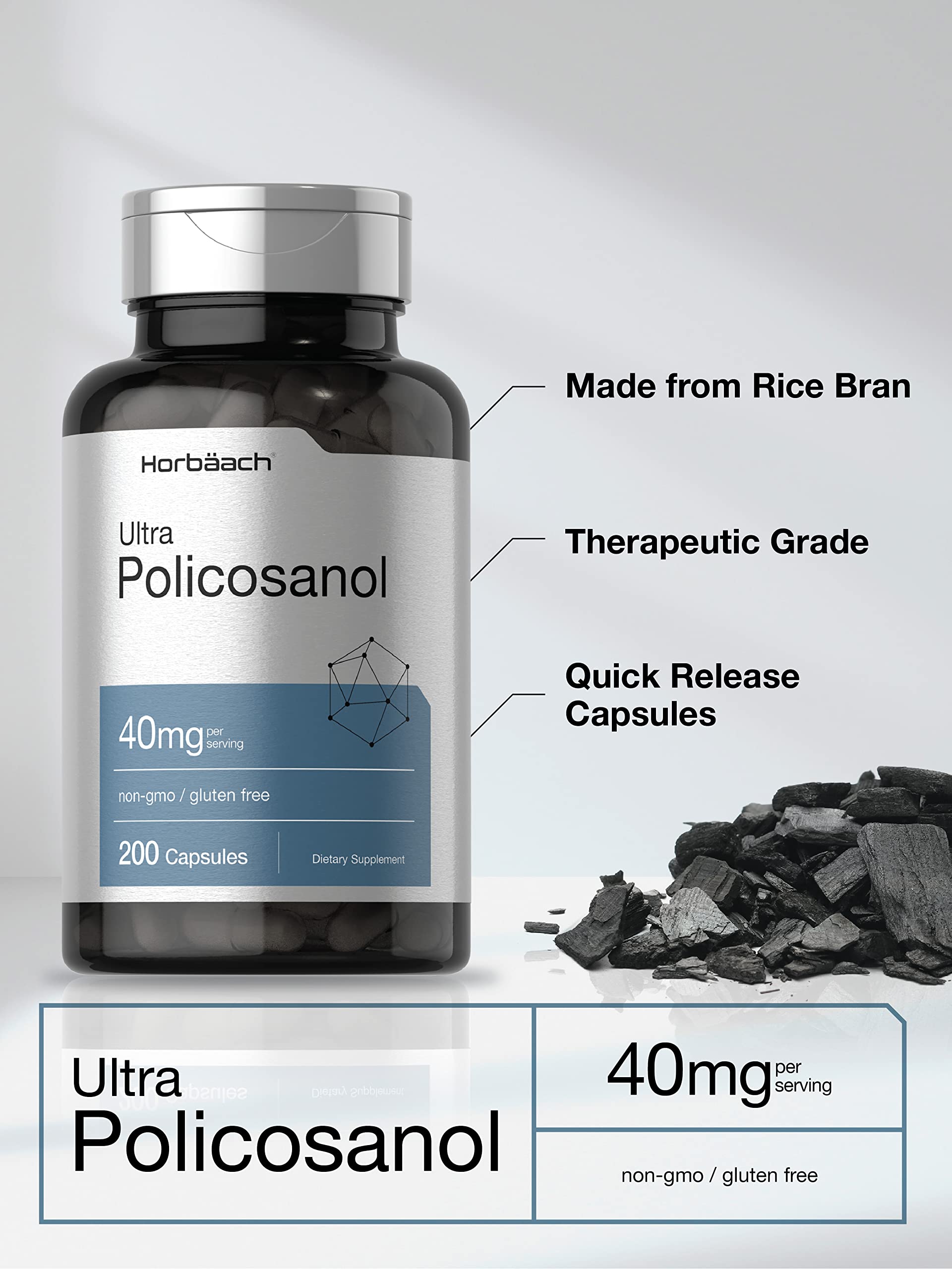 Policosanol 40mg | 200 Capsules | Non-GMO and Gluten Free | by Horbaach Horbäach