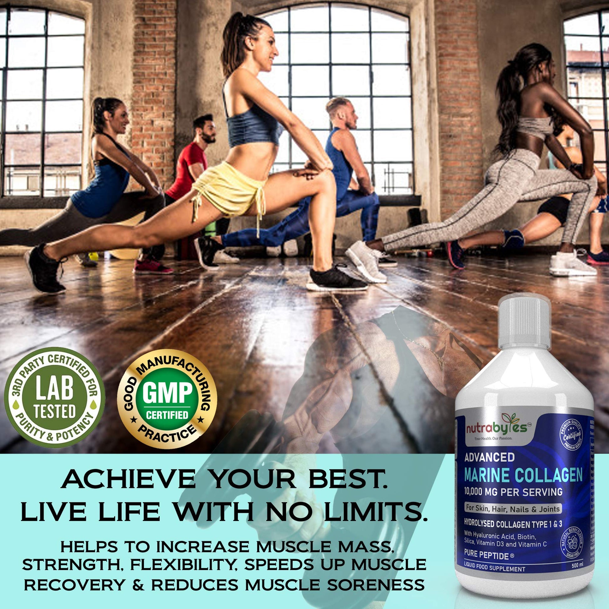 Marine Collagen Liquid 10000mg Sugar Free, Hydrolysed Peptides | Hyaluronic Acid, Biotin, Silica, Vitamin C, Vitamin D3 NUTRABYTES