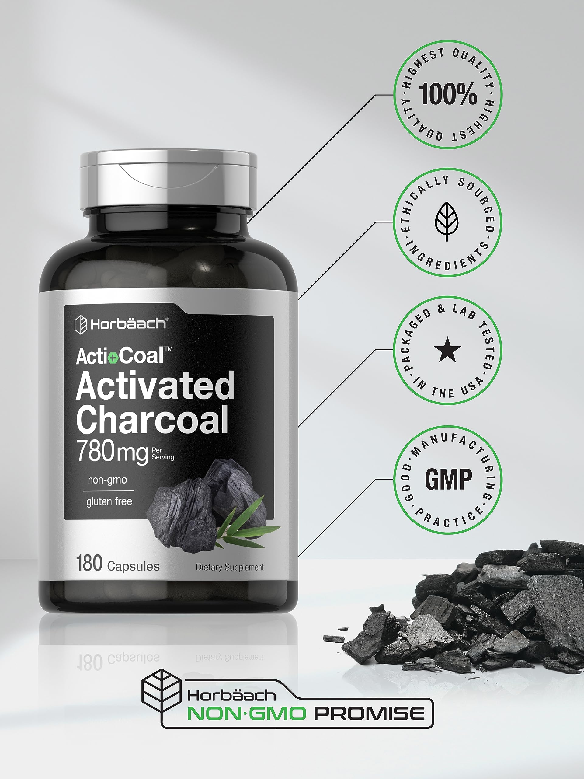 Charcoal Pills 780mg | 180 Capsules | Activated Charcoal from Coconut Shells | Non-GMO Horbäach