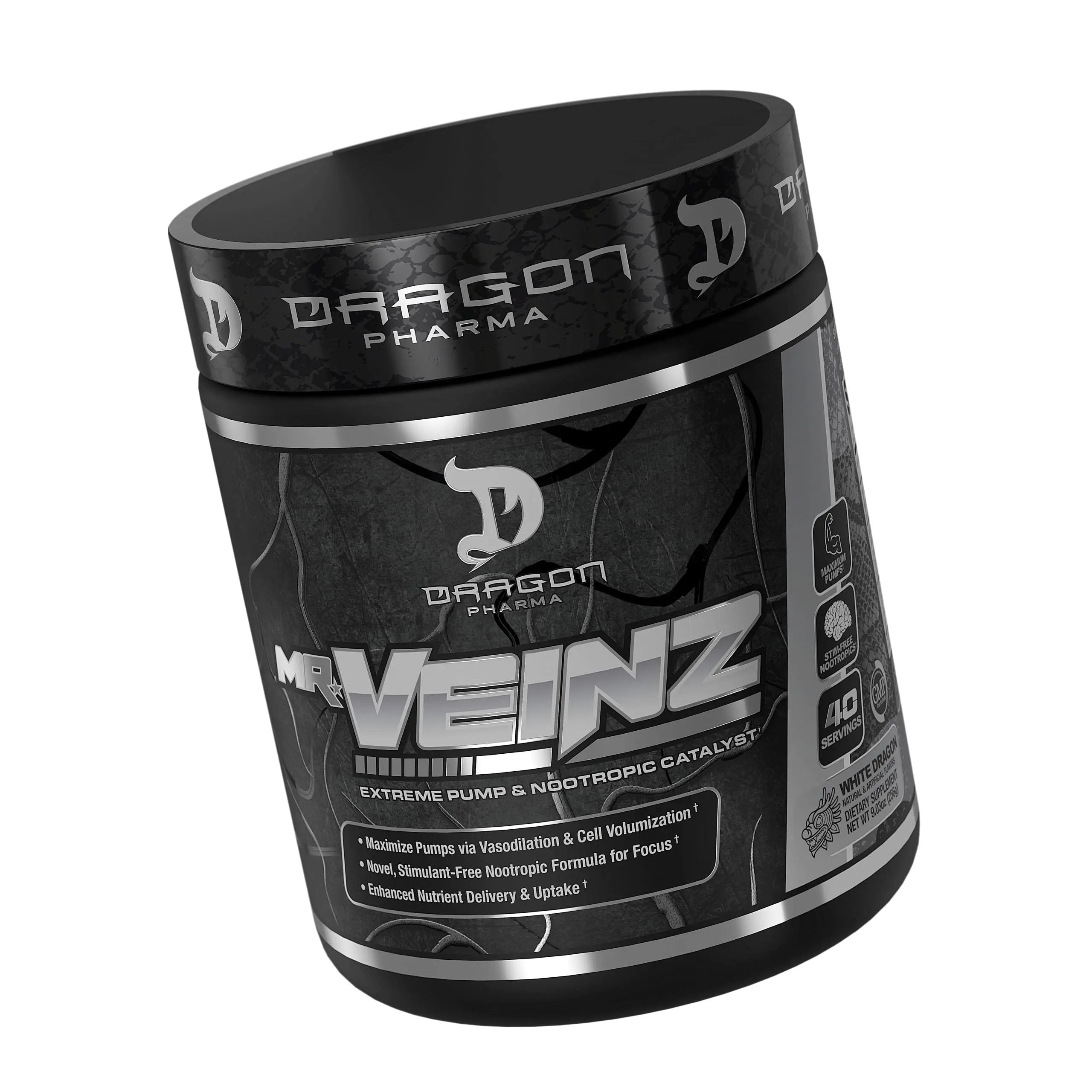 DRAGON PHARMA Mr. Veinz Stim Free Pre-Workout, Extreme Pump & Nootropic Catalyst, Maximize Pumps via Vasodilation & Cell Volumization, Stimulant-Free Formula for Focus (40 Servings, White Dragon)
