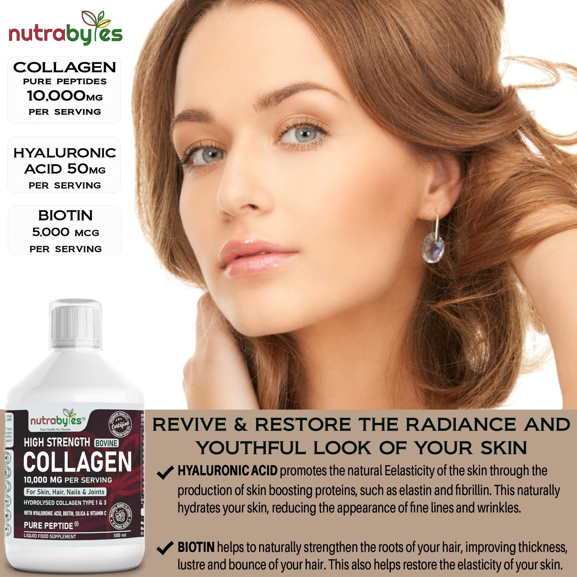 Collagen Liquid 10000mg, Hydrolysed Peptides | Hyaluronic Acid, Biotin, Silica, Vitamin C, Vitamin B12 NUTRABYTES