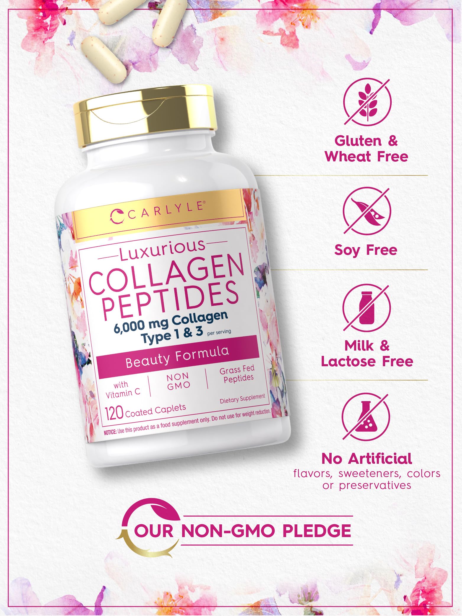 Carlyle Collagen with Vitamin C | 6000mg | 120 Caplets | Multi Collagen Peptide Pills Carlyle