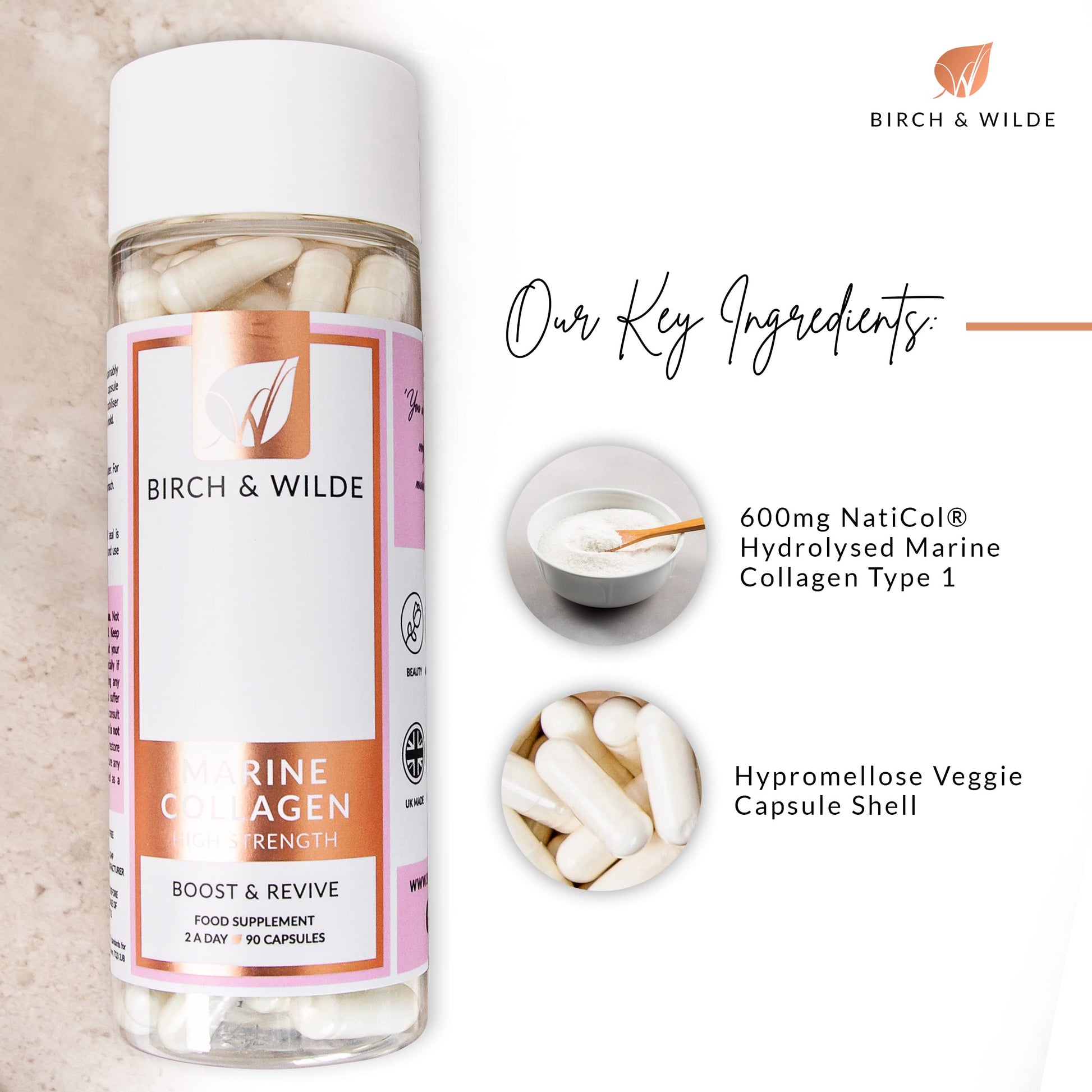 Marine Collagen Peptides Capsules - Hydrolyzed Collagen Supplements for Women & Men BIRCH & WILDE