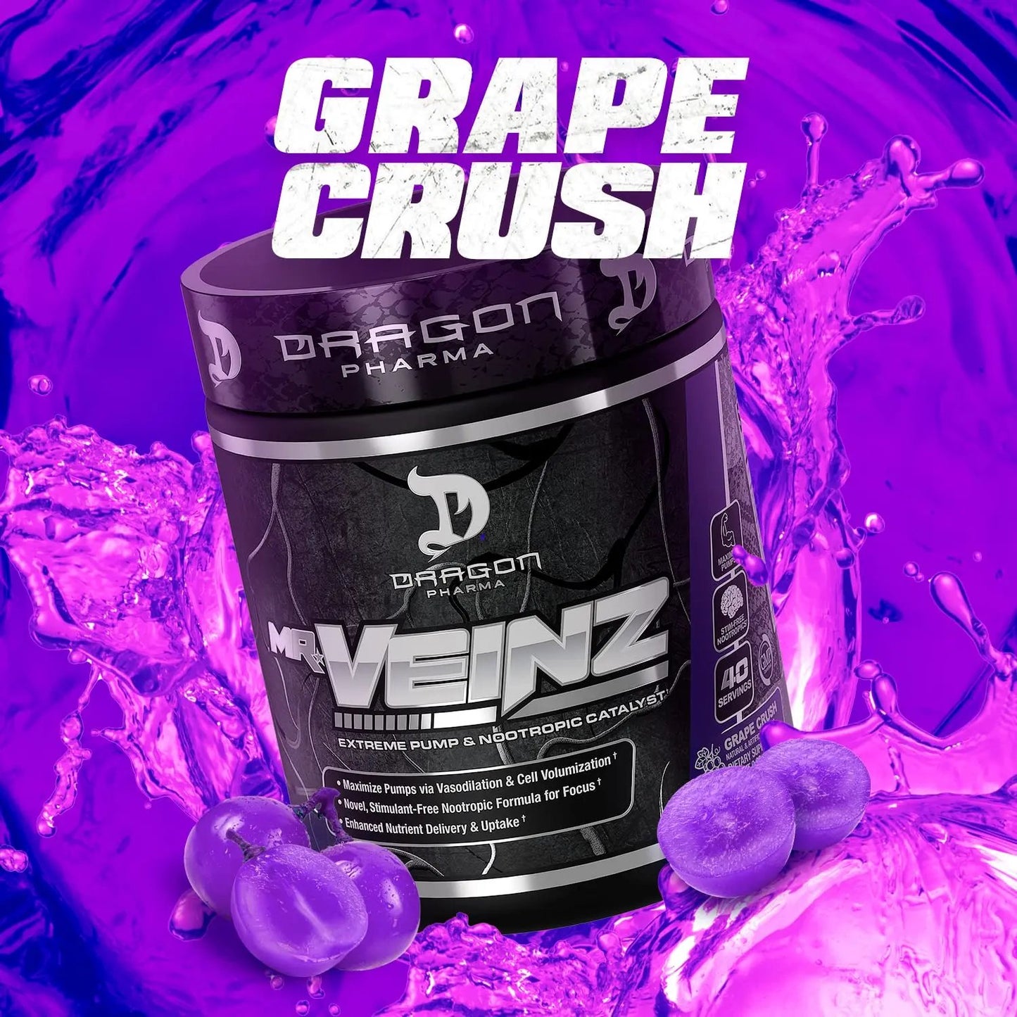 DRAGON PHARMA Mr. Veinz Stim Free Pre-Workout, Extreme Pump & Nootropic Catalyst, Maximize Pumps via Vasodilation & Cell Volumization, Stimulant-Free Formula for Focus (40 Servings, Apple Juice)