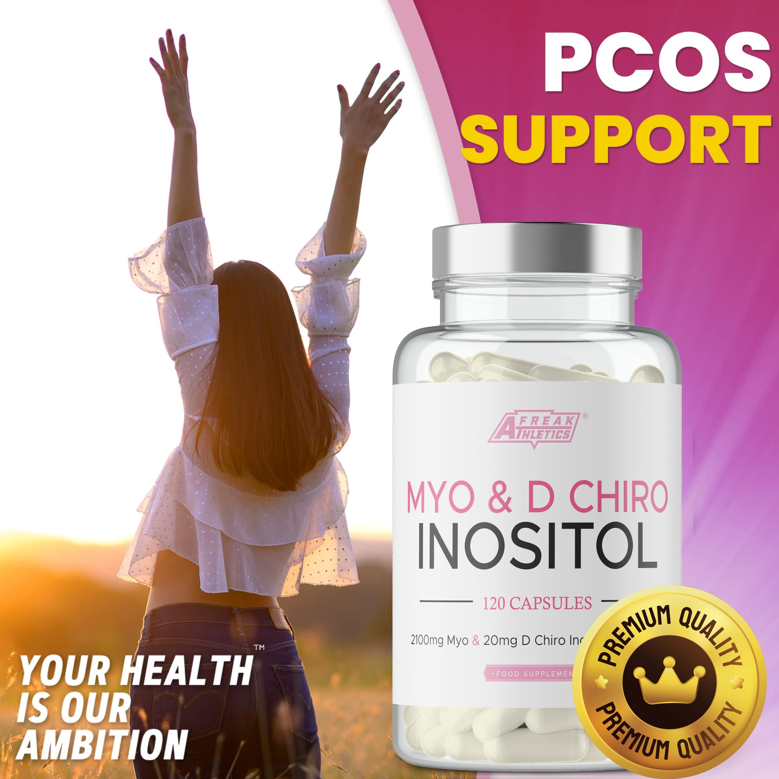 Myo-Inositol & D Chiro Inositol - Supports Women with PCOS -120 Capsules - Promotes Freak Athletics