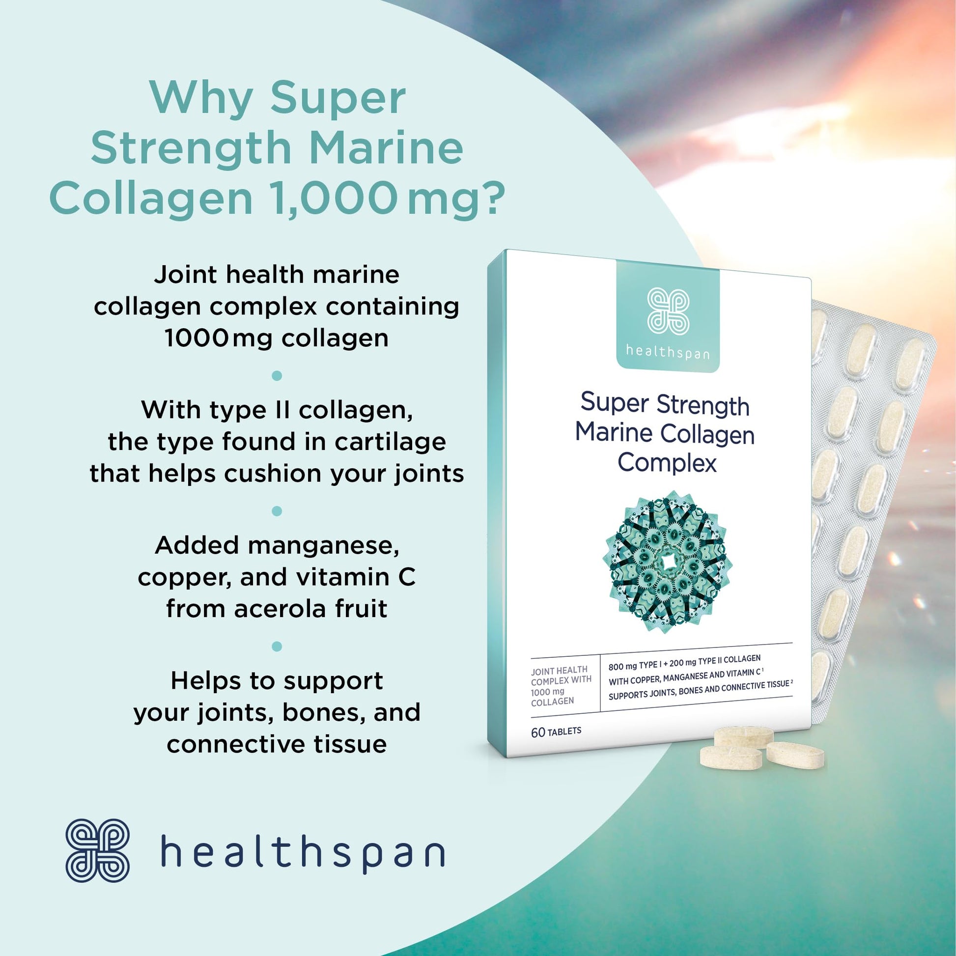 Healthspan 1,000mg Marine Collagen Complex 60 Tablets | 800mg Type I + 200mg Type II Collagen healthspan