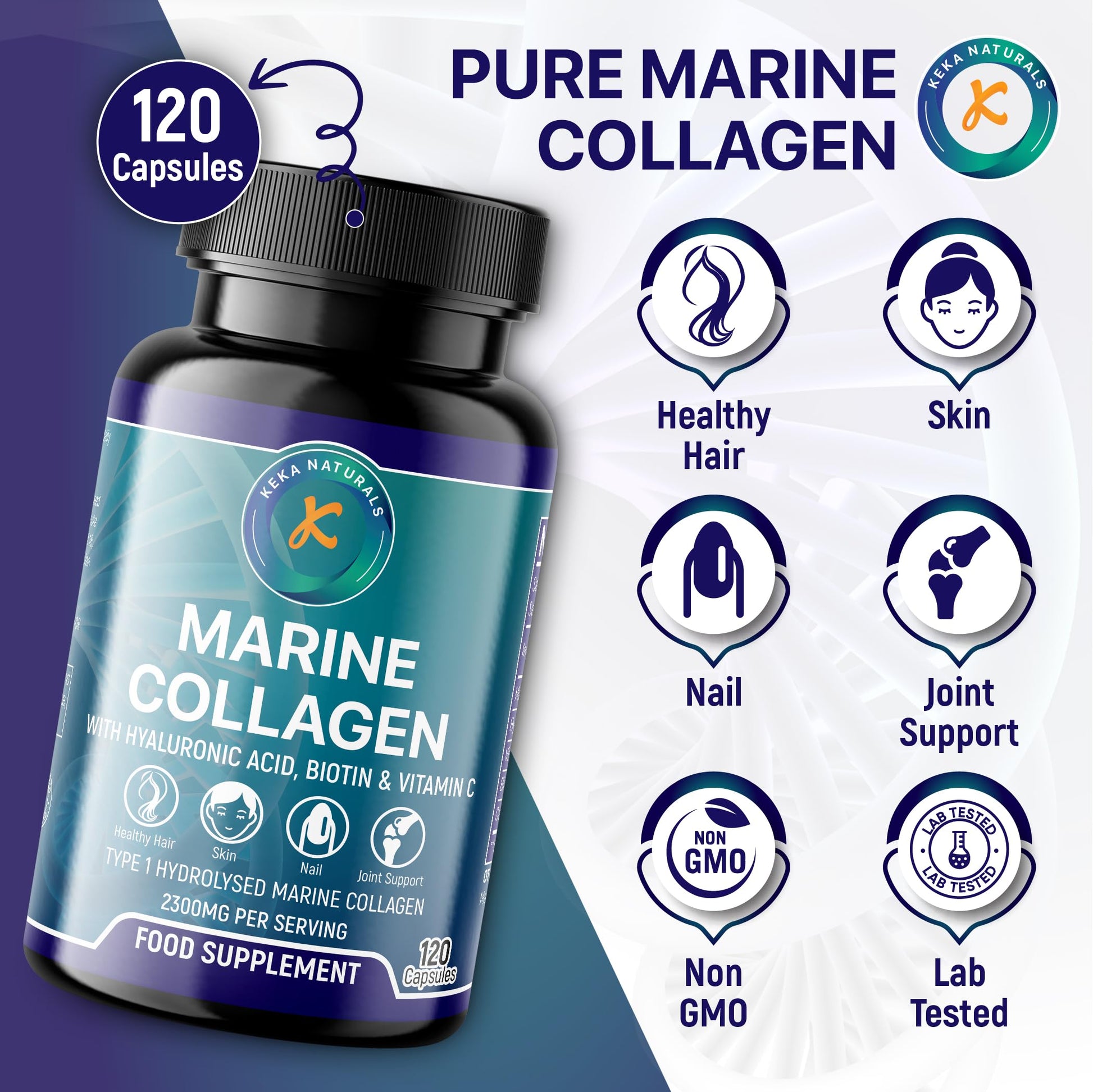 Hydrolysed Marine Collagen Peptides 2300mg - Enhanced with Hyaluronic Acid & Vitamin C Keka Naturals