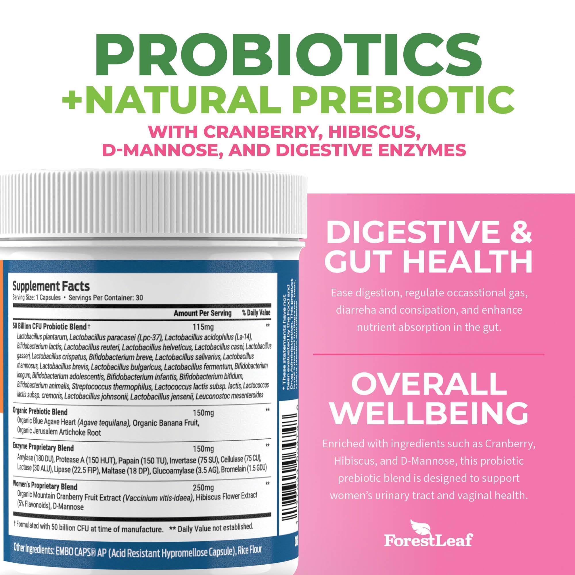ForestLeaf Womens Probiotic 50 Billion CFU with Organic Prebiotics, Digestive Enzymes ForestLeaf