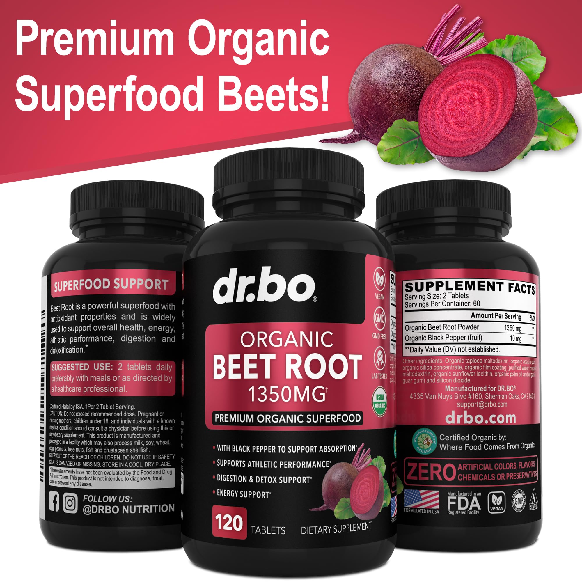 Organic Beet Root Capsules Supplements - 1350mg Beetroot Powder Extract Pills, Organic DR. BO